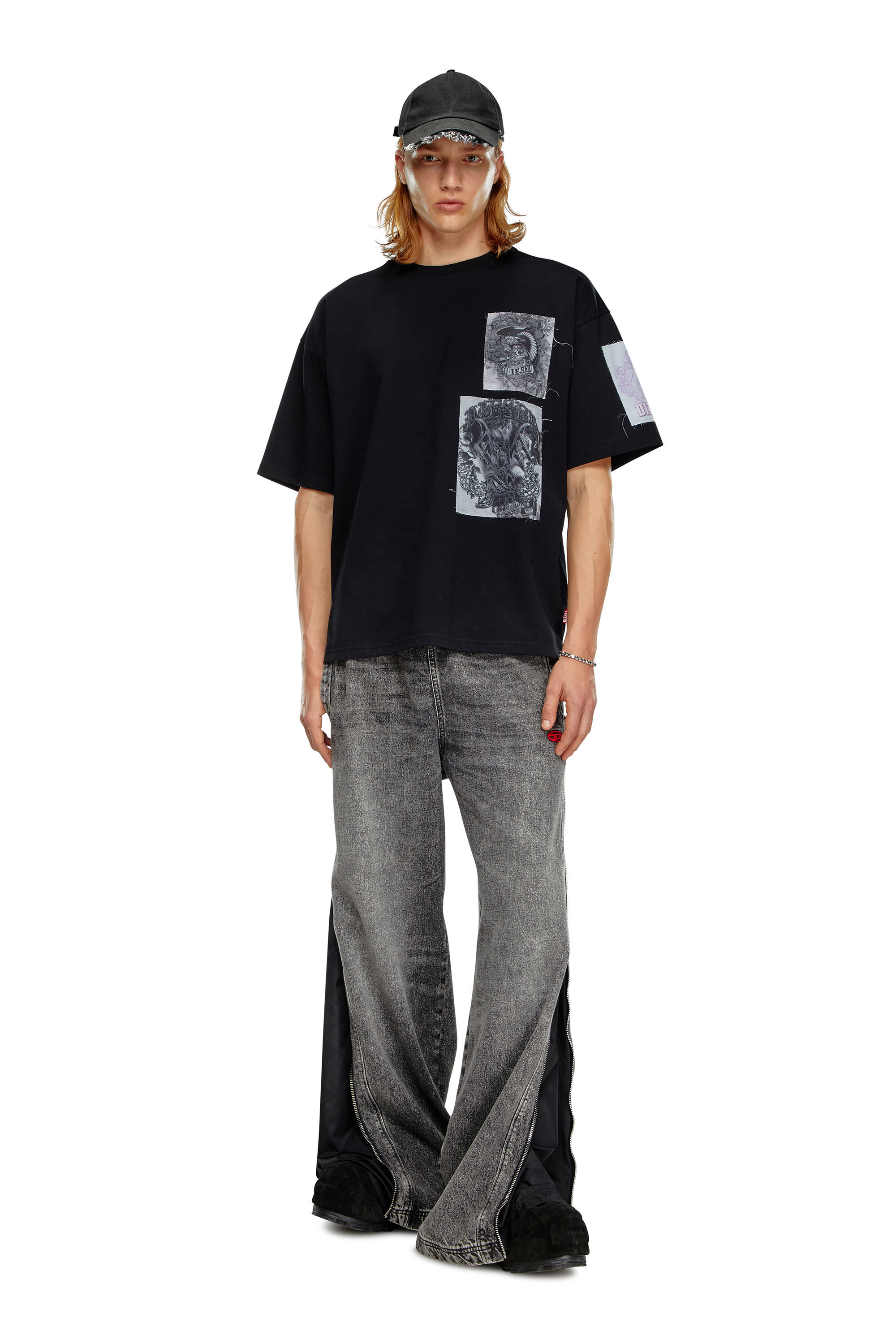 Diesel - T-BOXT-SLITS-Q10, Male T-shirt with raw-cut printed patches in Black - Image 3