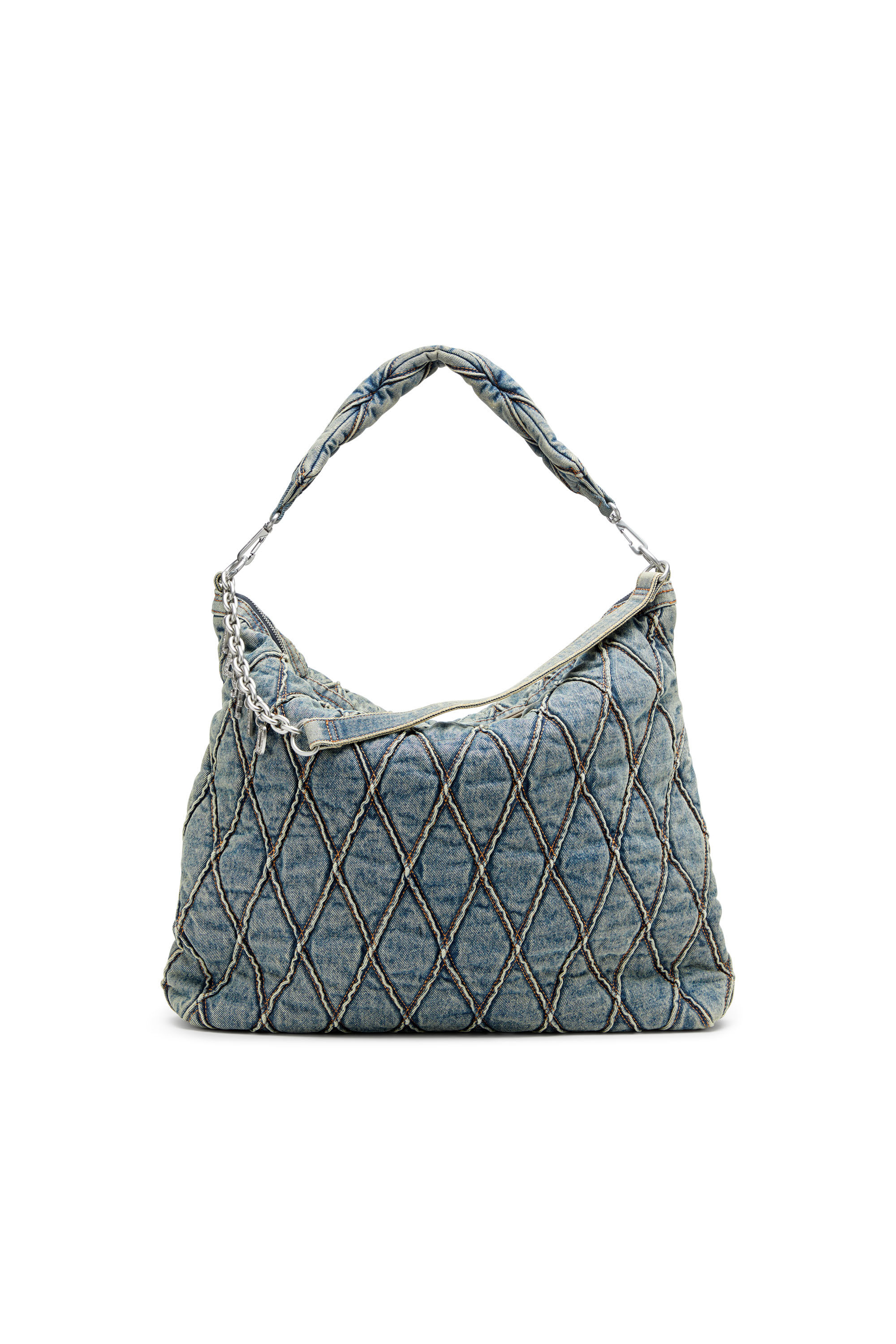 Diesel - CHARM-D HOBO, Charm-D-Grand sac hobo en denim matelassé motif Argyle Femme in Bleu - 1