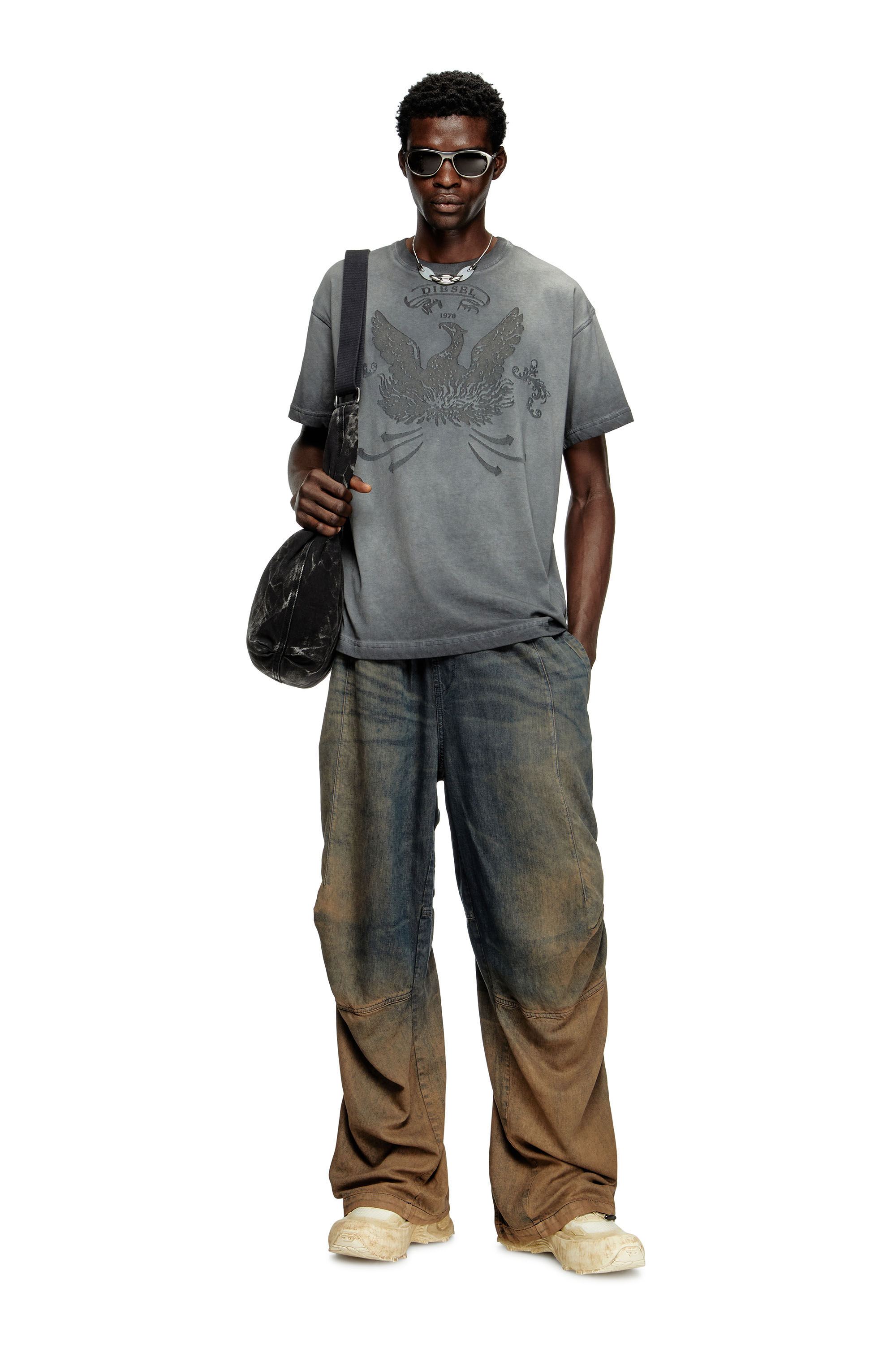 Diesel - T-NORM-T9, Male's T-shirt with phoenix devoré in Grey - 1