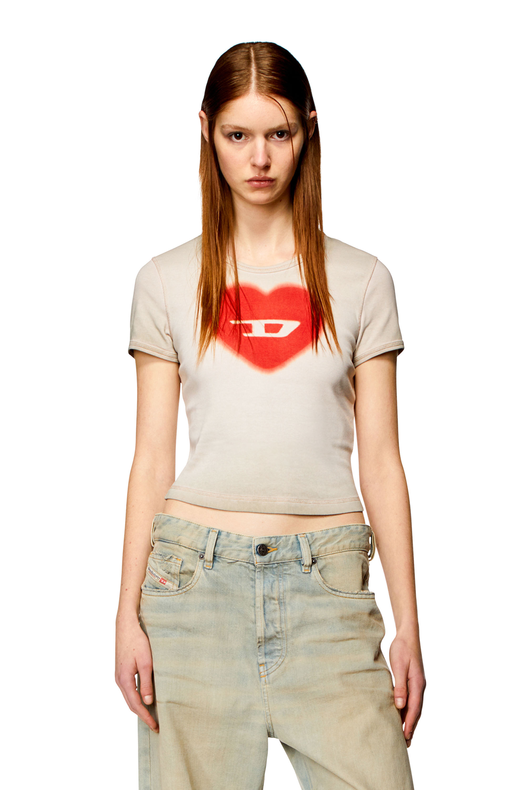 Diesel - T-ELE, Femme T-shirt côtelé avec cœur D effet aquarelle in Beige - Image 3