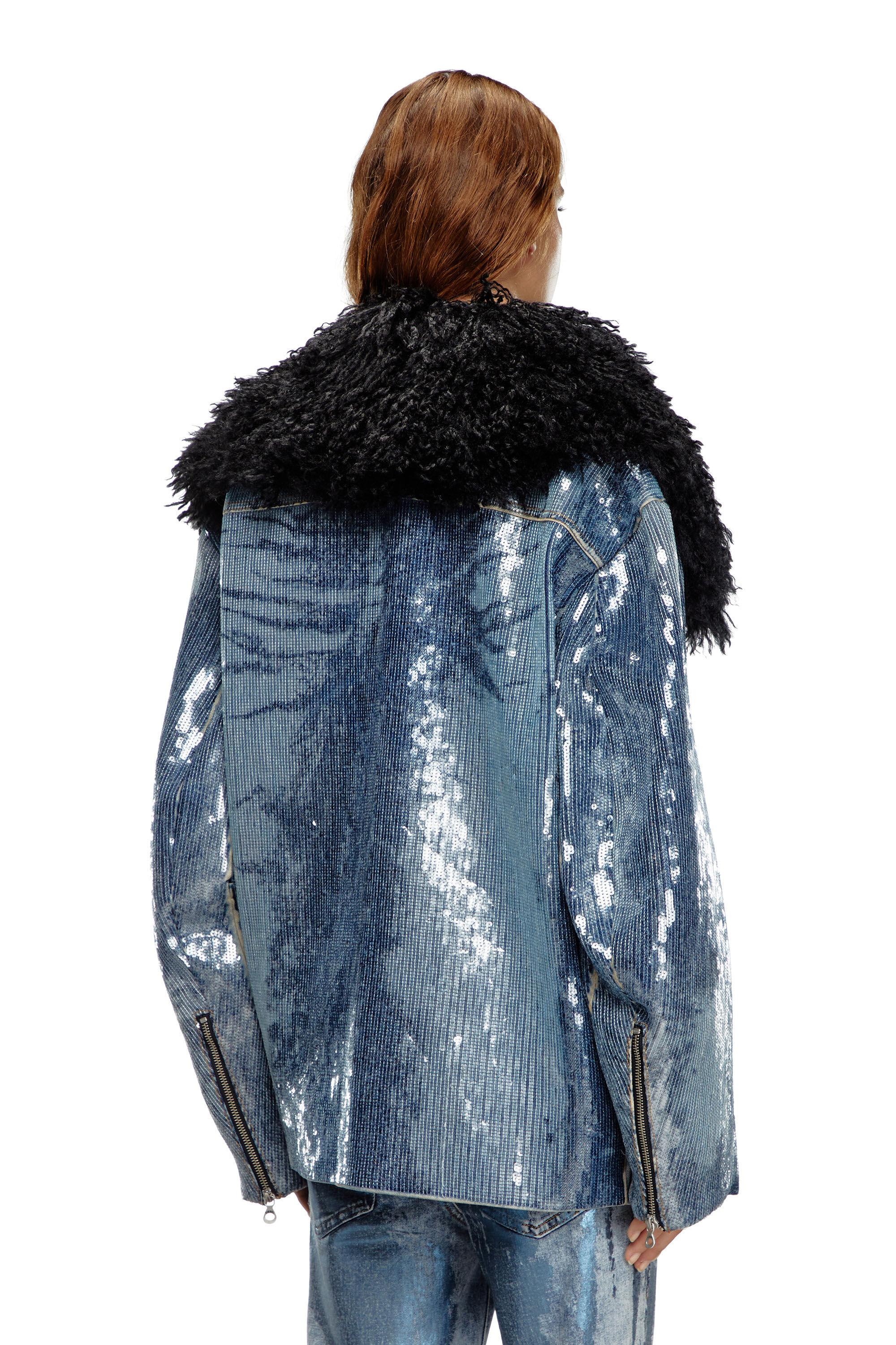 Diesel - DE-BIKA-S, Female's Sequin denim jacket with shaggy collar in Blue - 5