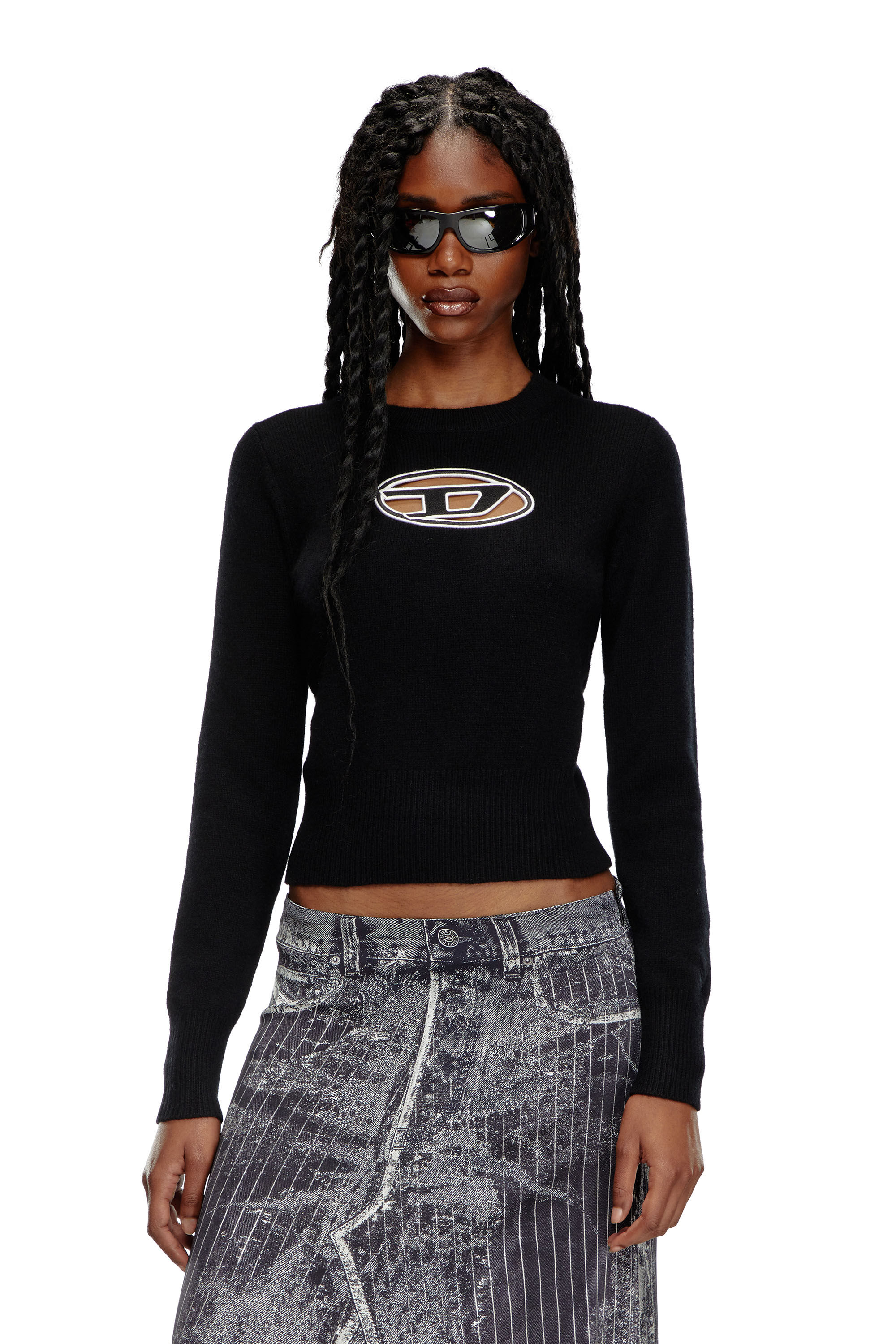 Diesel - M-AREESA, Pull avec logo brodé effet découpé Femme in Noir - 3