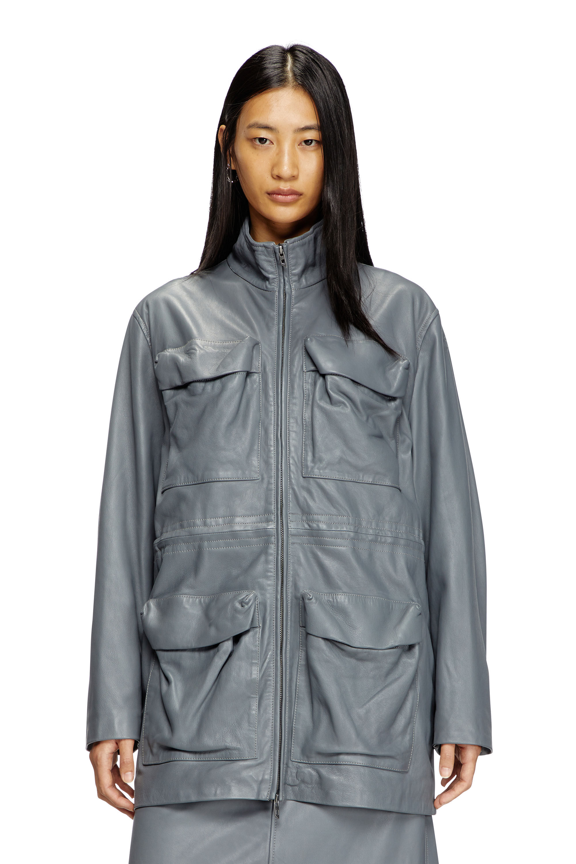 Diesel - L-WEN, Veste style militaire en cuir Femme in Gris - 3