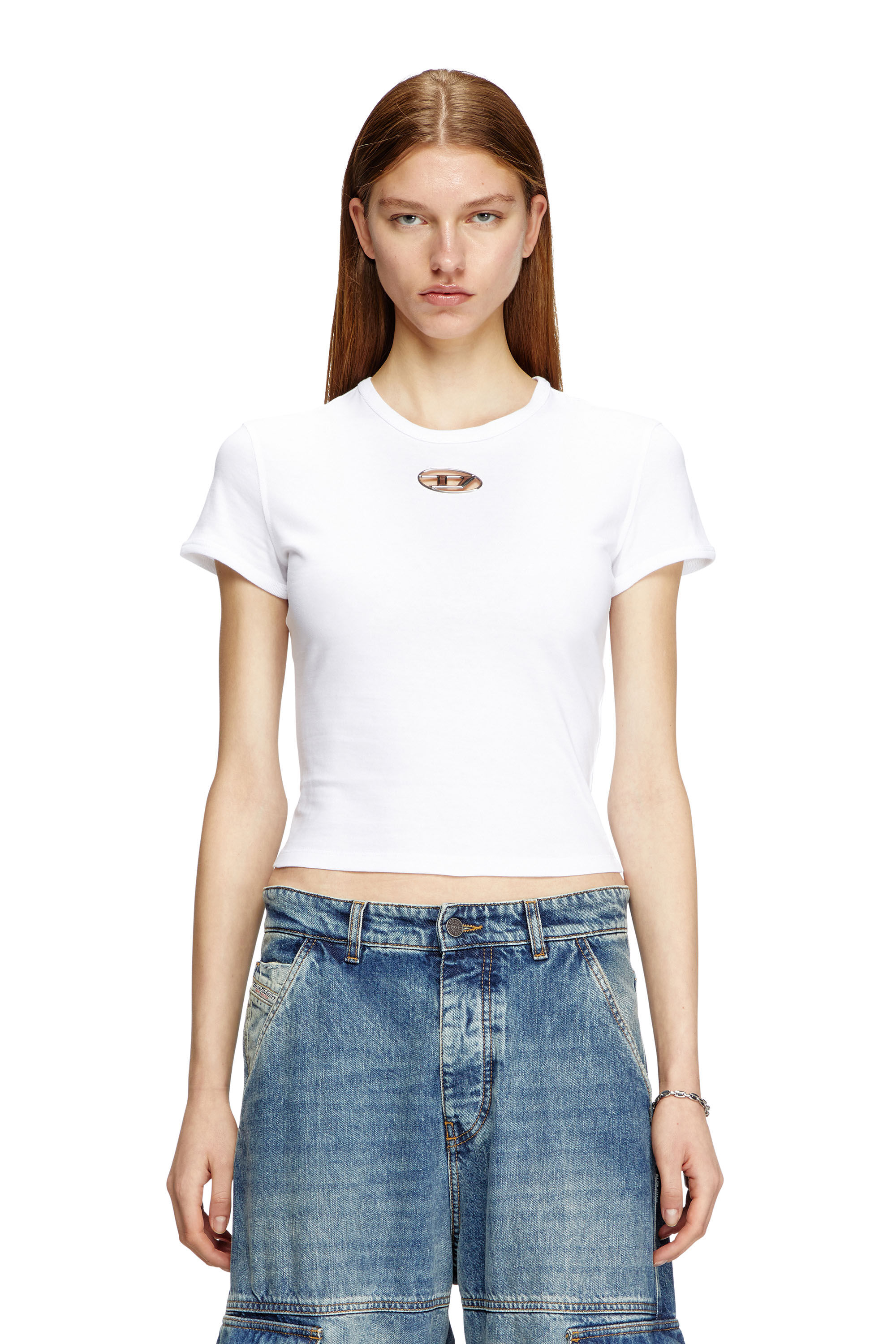 Diesel - T-UNCUTIE-LONG-OD-Q1, T-shirt slim fit avec cut-out Oval D Femme in Blanc - 3