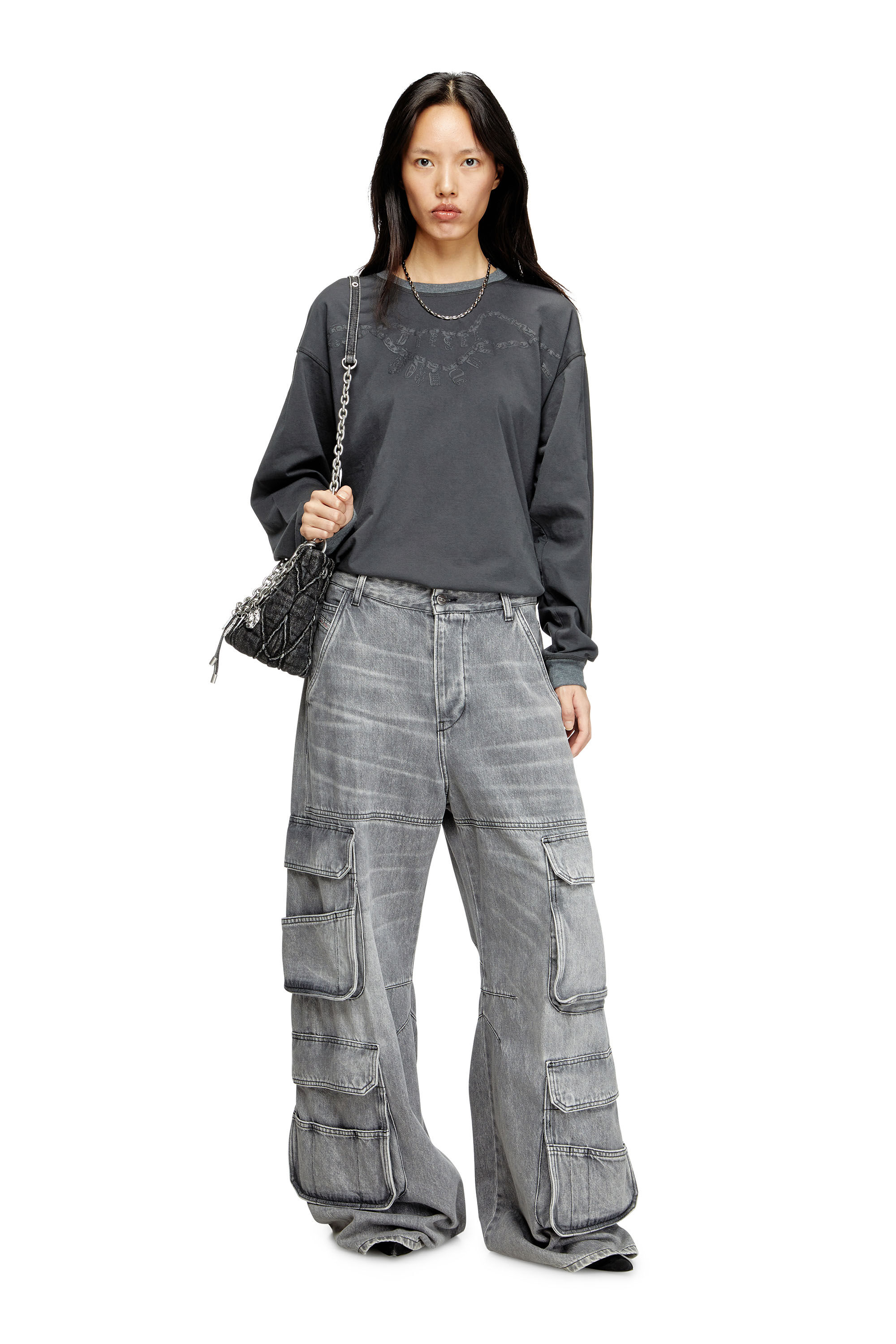 Diesel - T-BOXT-LS-HOSHI, Unisex's Long-sleeve T-shirt with charm necklace print in Dark Grey - 6