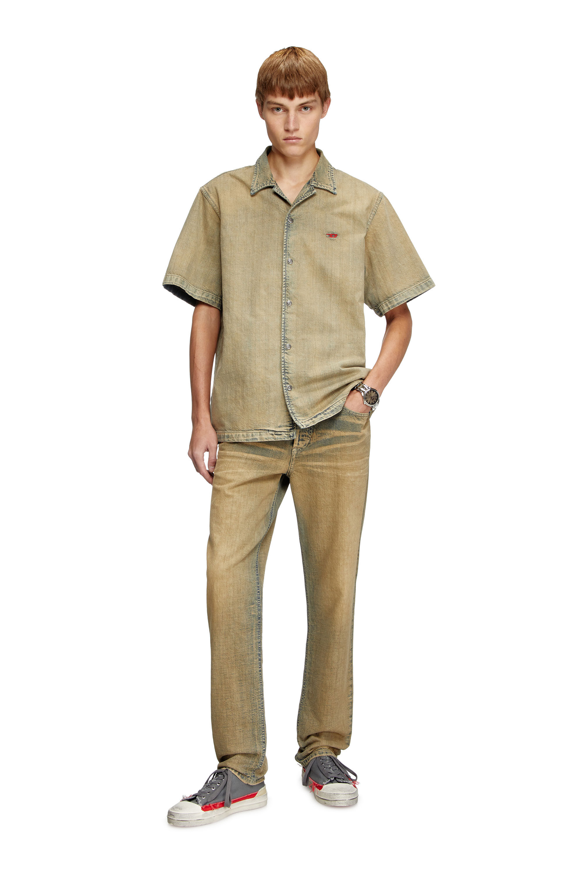 Diesel - D-NABIL-D, Male's Bowling shirt in gold-brush denim in Beige - 1