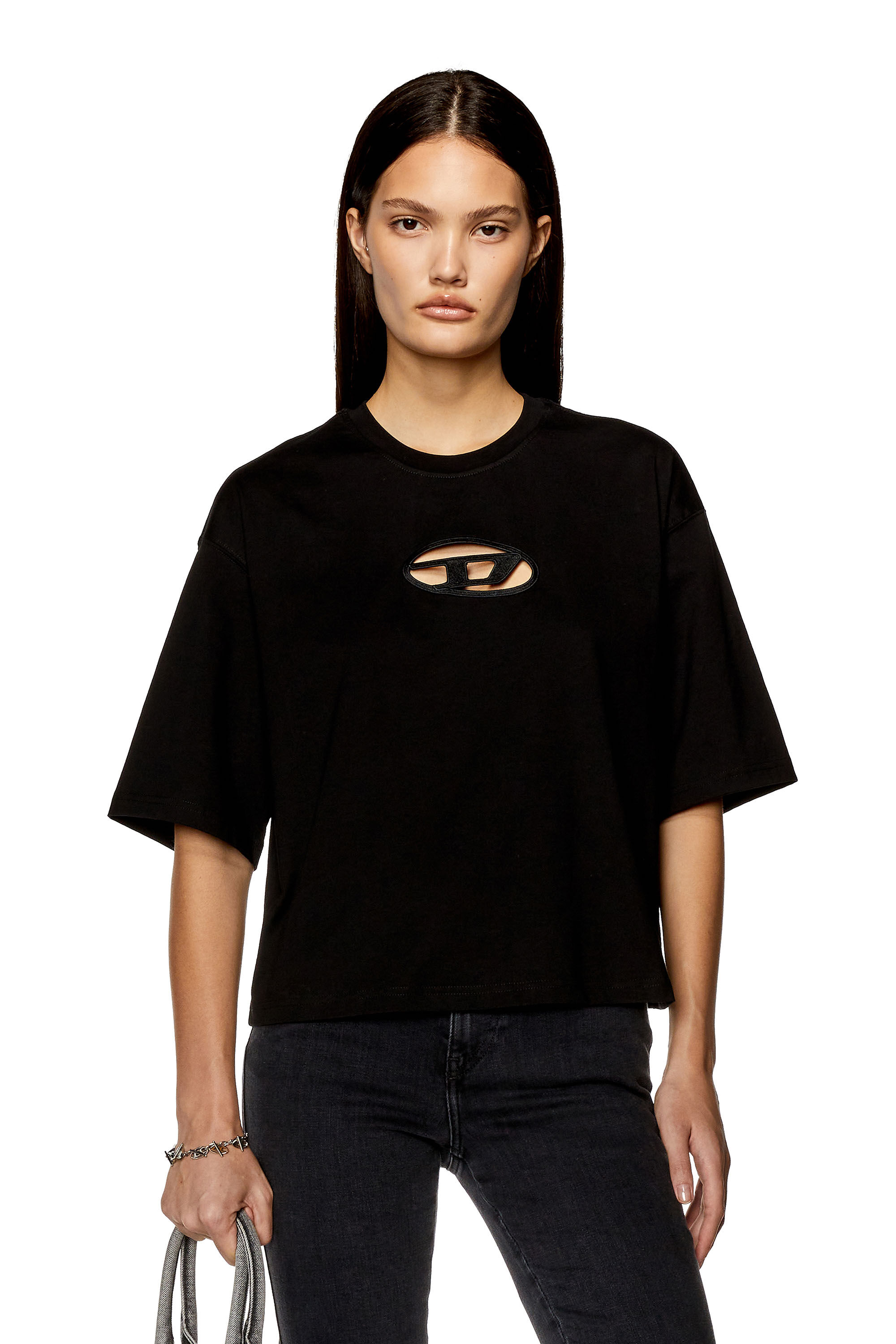 Diesel - T-ROWY-OD, Female's Boxy T-shirt with embroidered D in Black - 3