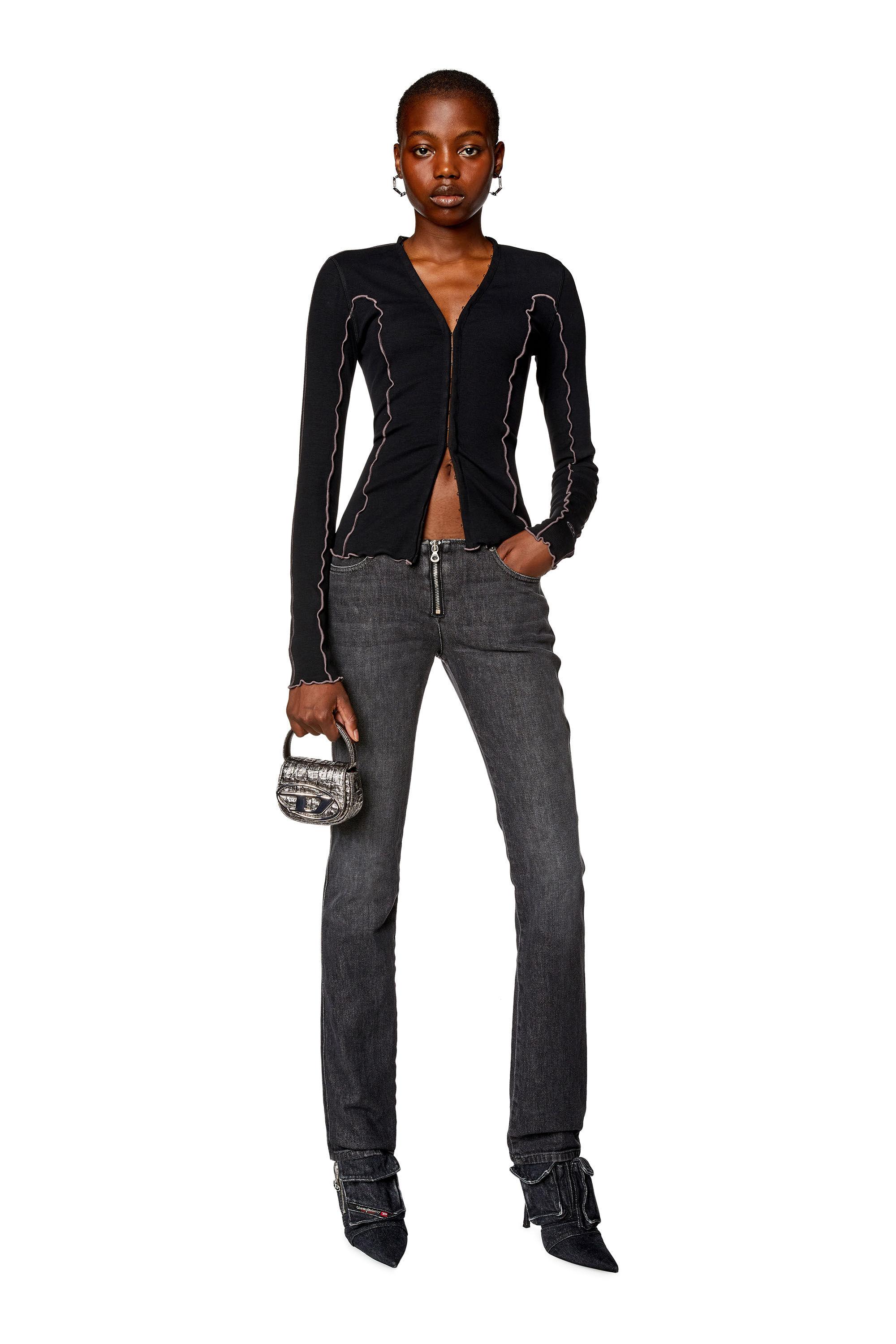Diesel - T-RIBAS, Female's Ribbed cardigan with curly seams in Black - 1