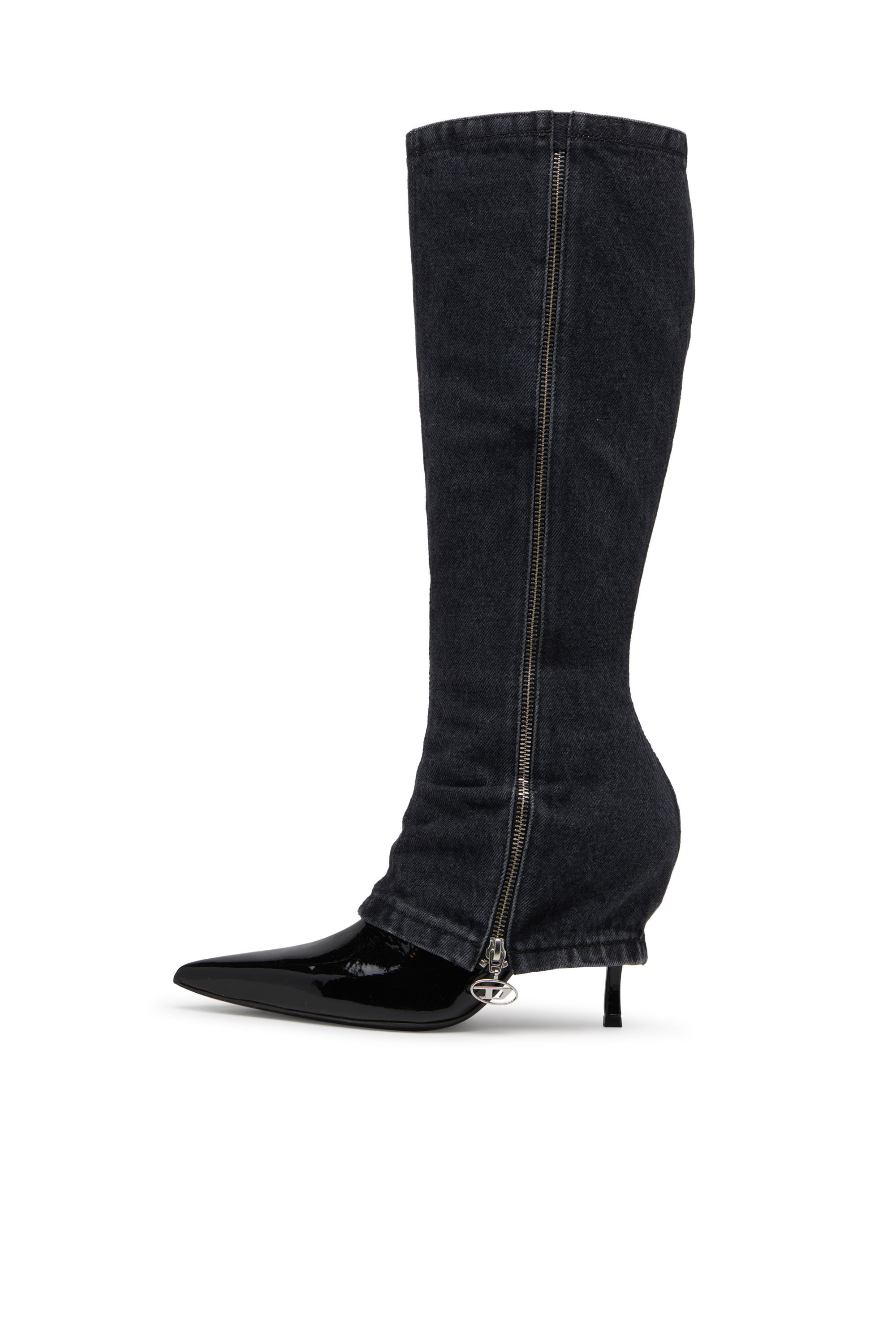 Diesel - D-VENUS TWISTED BOOT, D-Venus-Botte à talon aiguille hauteur genou avec effet de jean trompe-l'œil Femme in Noir - 6