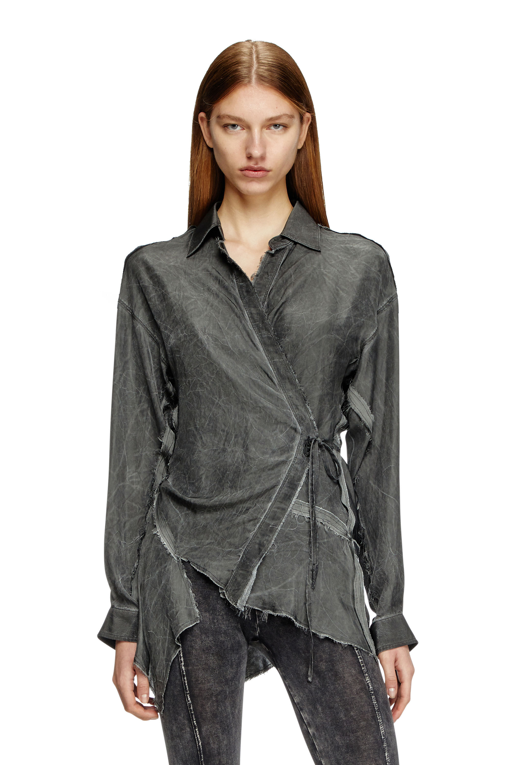 Diesel - C-RAZY-Q1, Chemise cache-cœur asymétrique en sergé froissé Femme in Noir - 3