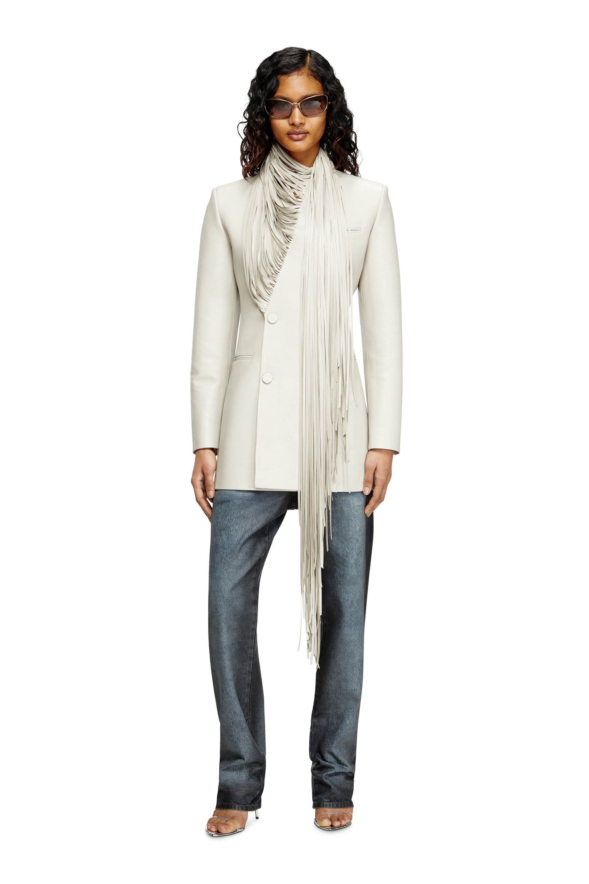 Diesel - G-SHANK, Female's Short coat with shredded scarf fringing in Light Grey - 1
