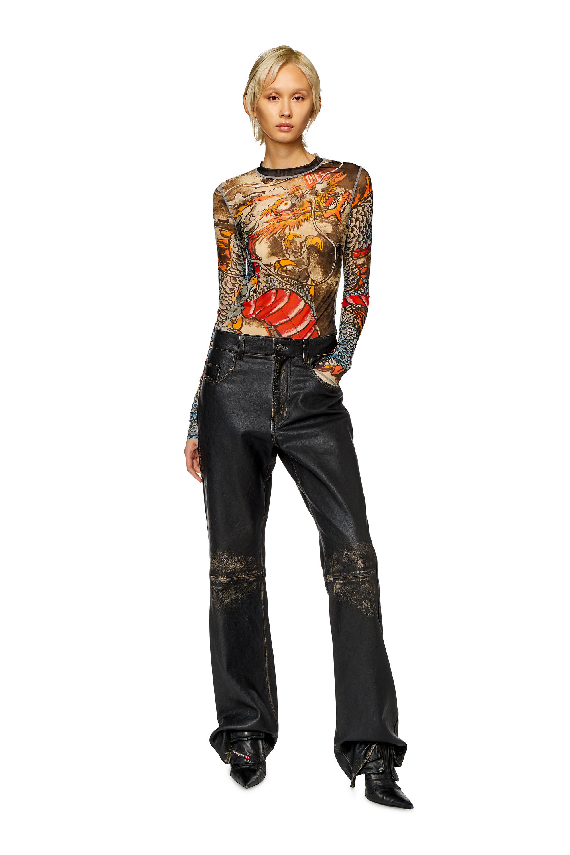 Diesel - CL-T-SIELAR-DRAGON, Unisex's Mesh top with Dragon print in Beige/Red - 8