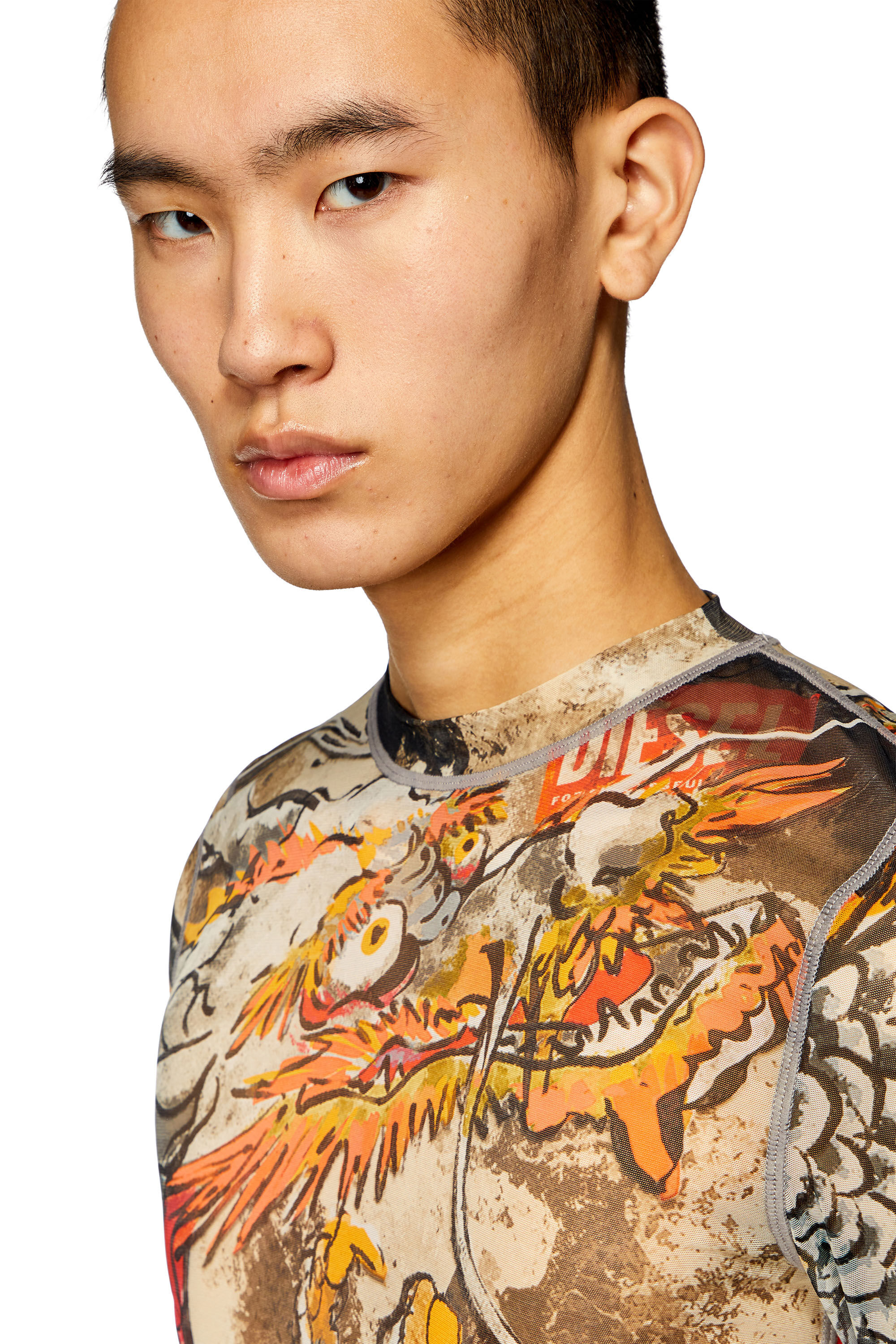 Diesel - CL-T-SIELAR-DRAGON, Unisex's Mesh top with Dragon print in Beige/Red - 4