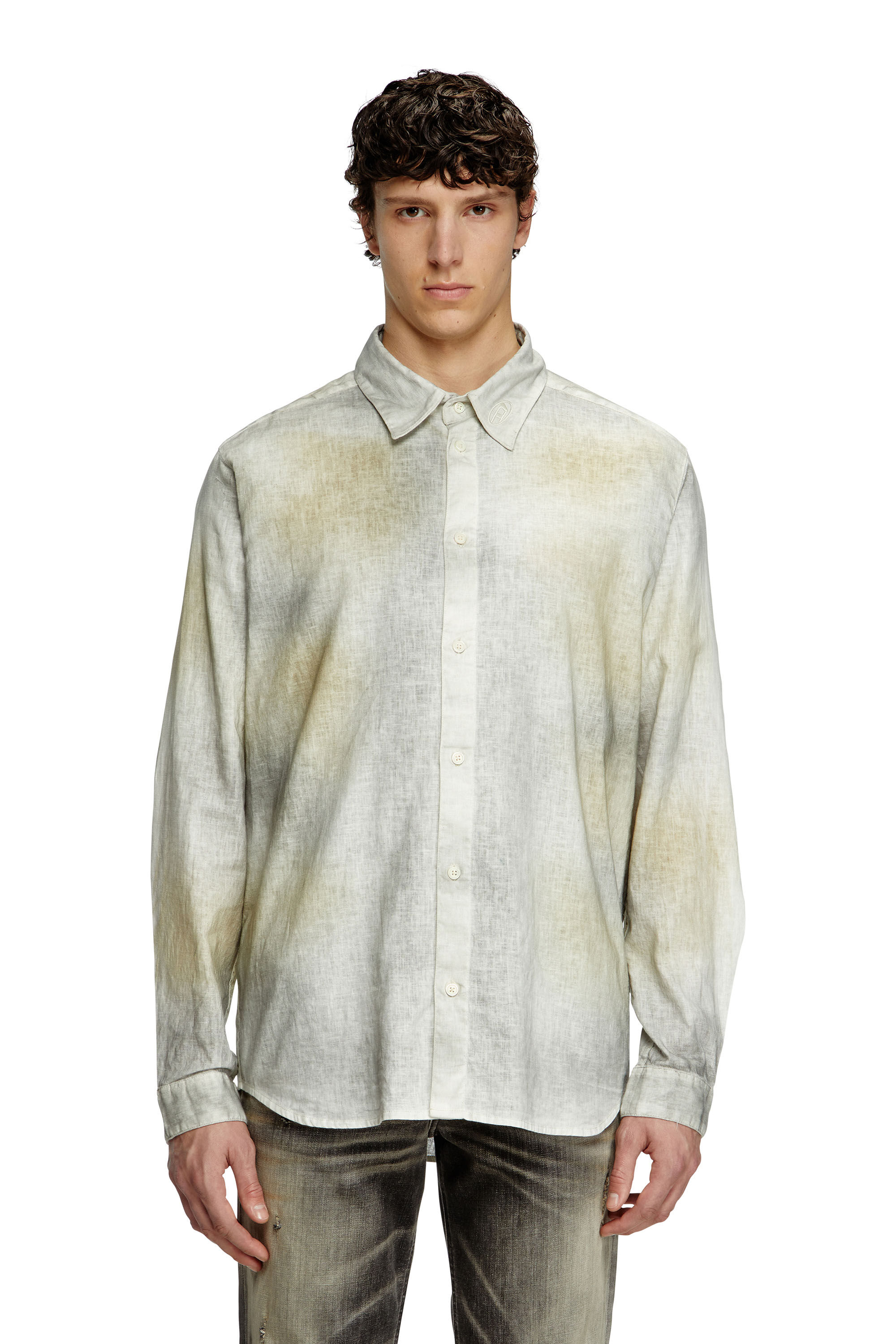 Diesel - S-LEIE, Male's Treated linen-blend shirt in Grey/White - 3