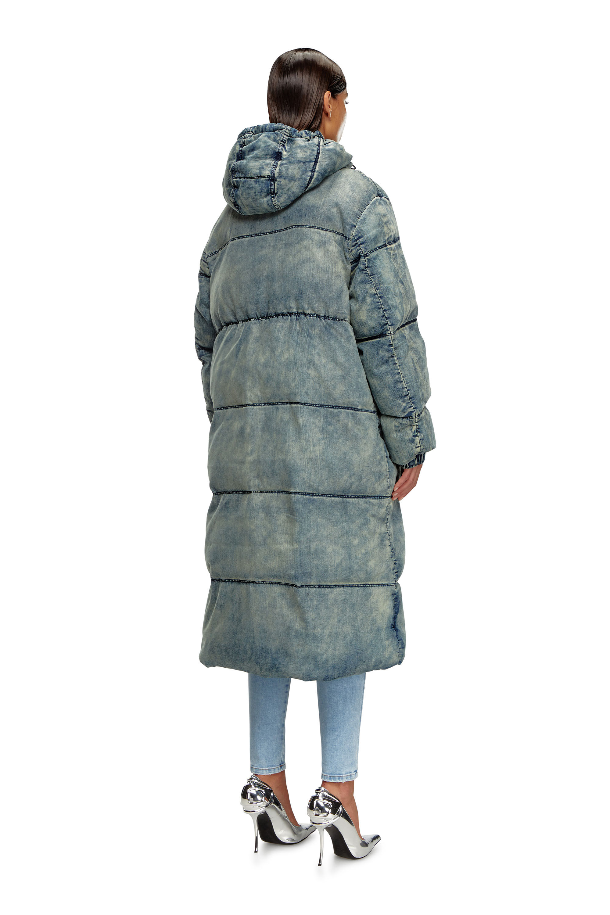 Diesel - W-AVES-LONG, Female's Hooded puffer coat in stretch denim in Blue - 5