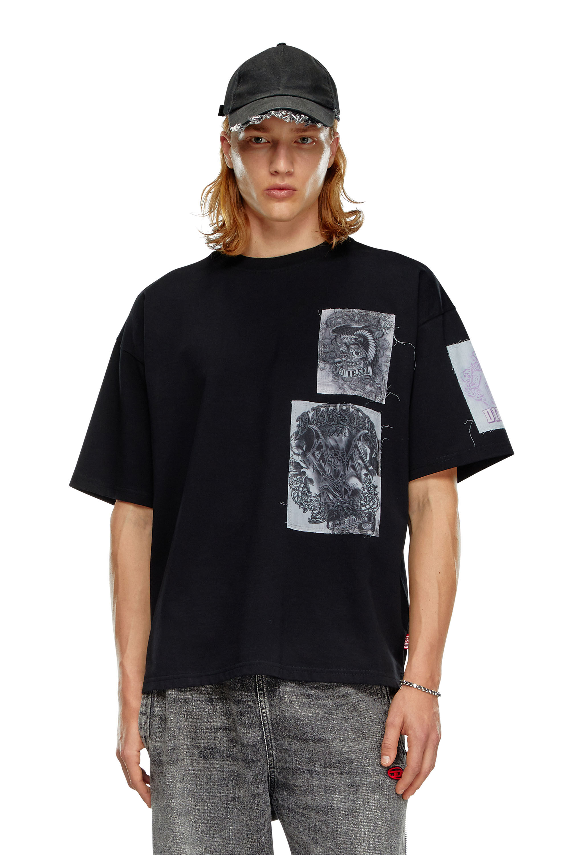 Diesel - T-BOXT-SLITS-Q10, Homme T-shirt avec empiècements imprimés coupés brut in Noir - Image 1