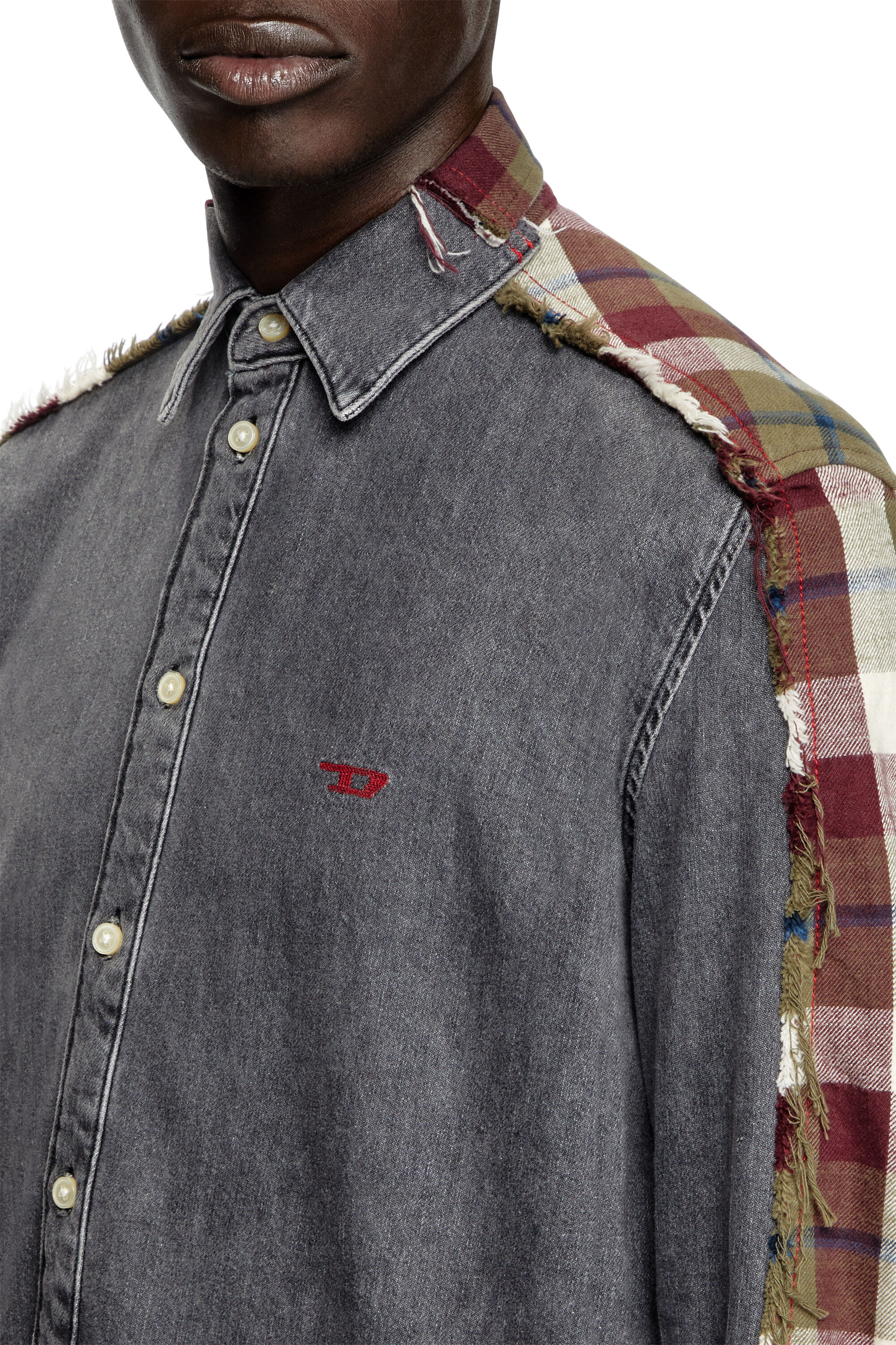 Diesel - Shirt Dieseloves 7A, Unisex's Denim and check shirt in Grey/Red - 8