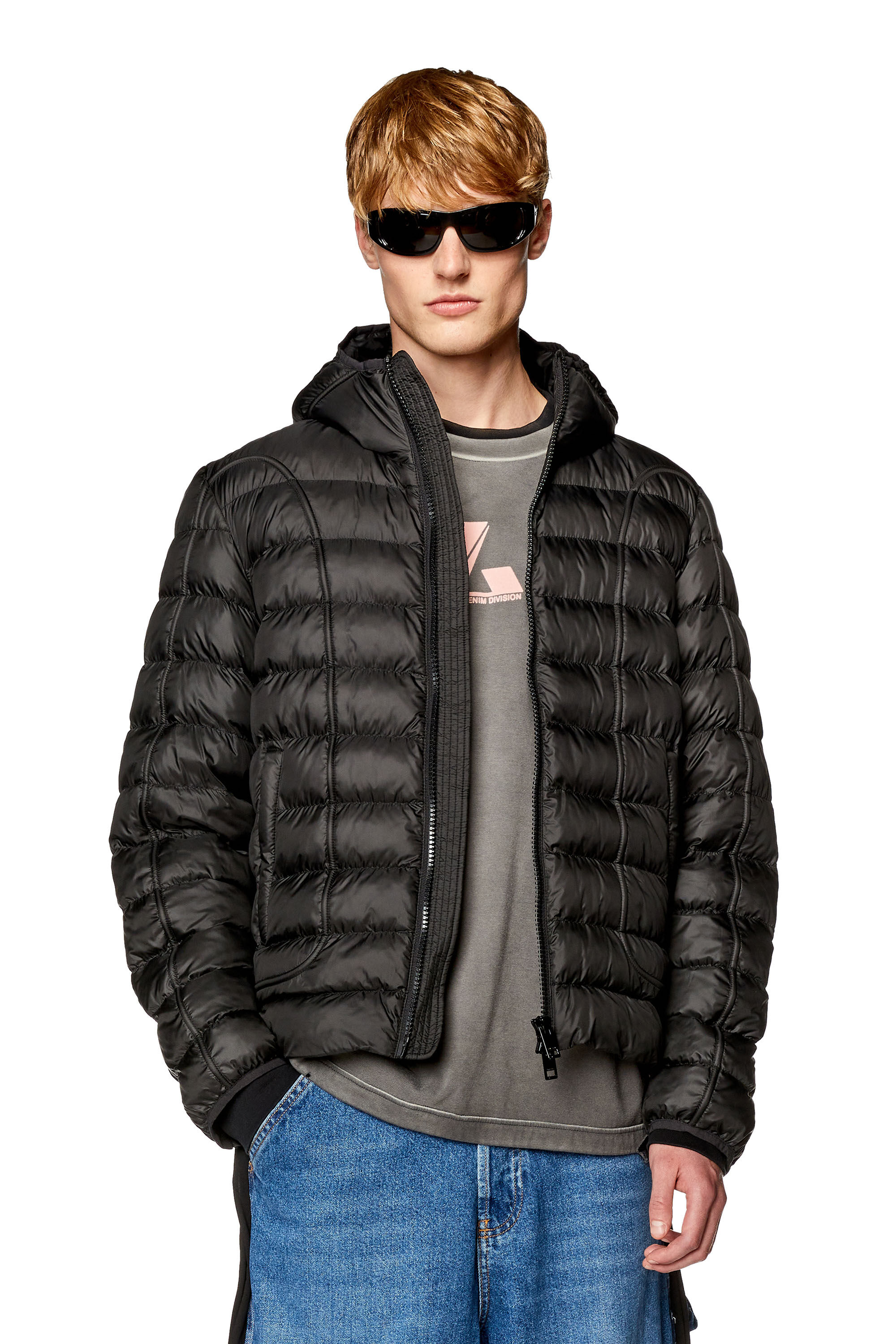 Diesel - W-SCOTTYS, Male's Hooded nylon puffer jacket with piping in Black - 3