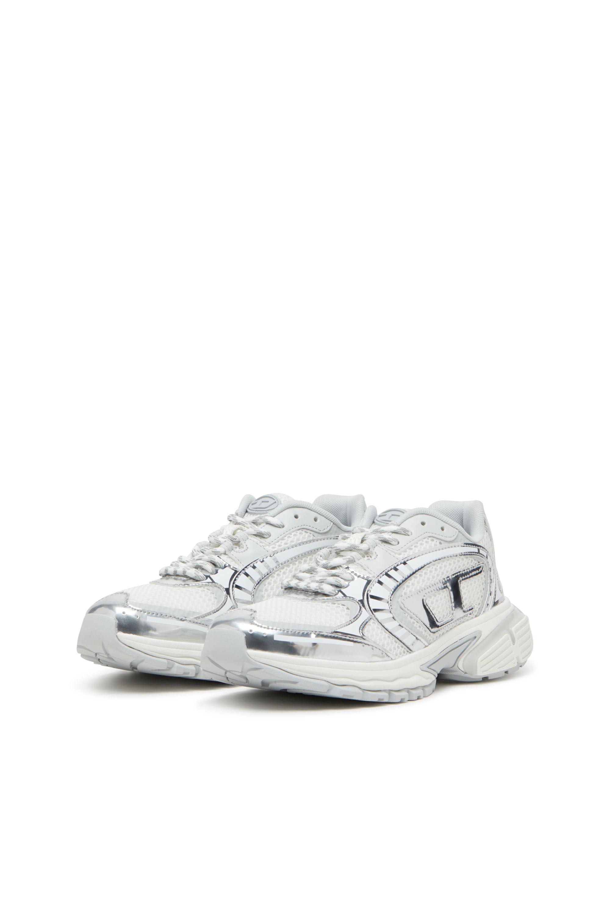 Diesel - S-PRO-V-DENSE LOW W, Female's S-Pro-V-Dense-Metallic mesh sneakers with Oval D logo in White/Silver - 9
