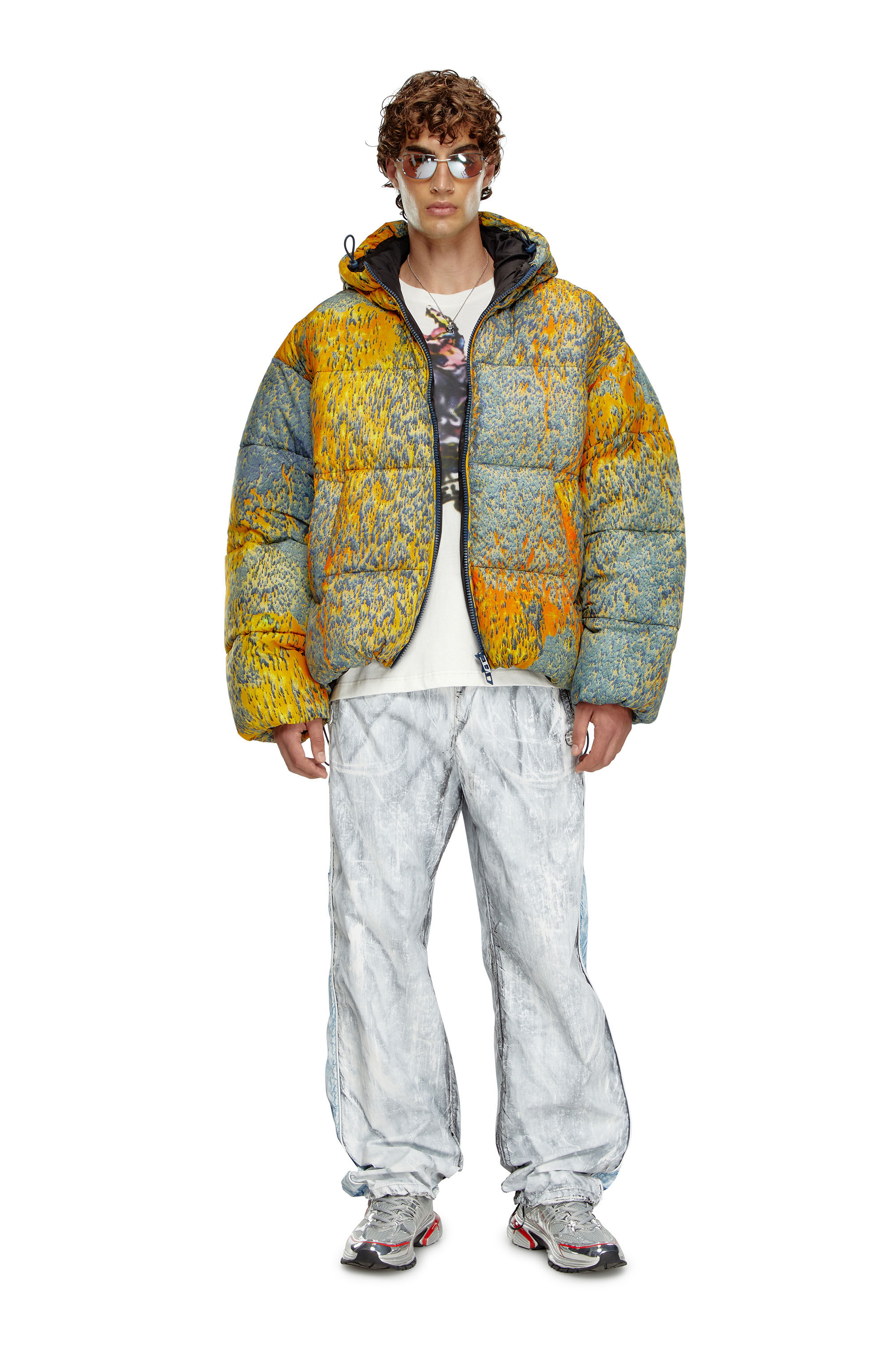 Blue and yellow puffer jacket top