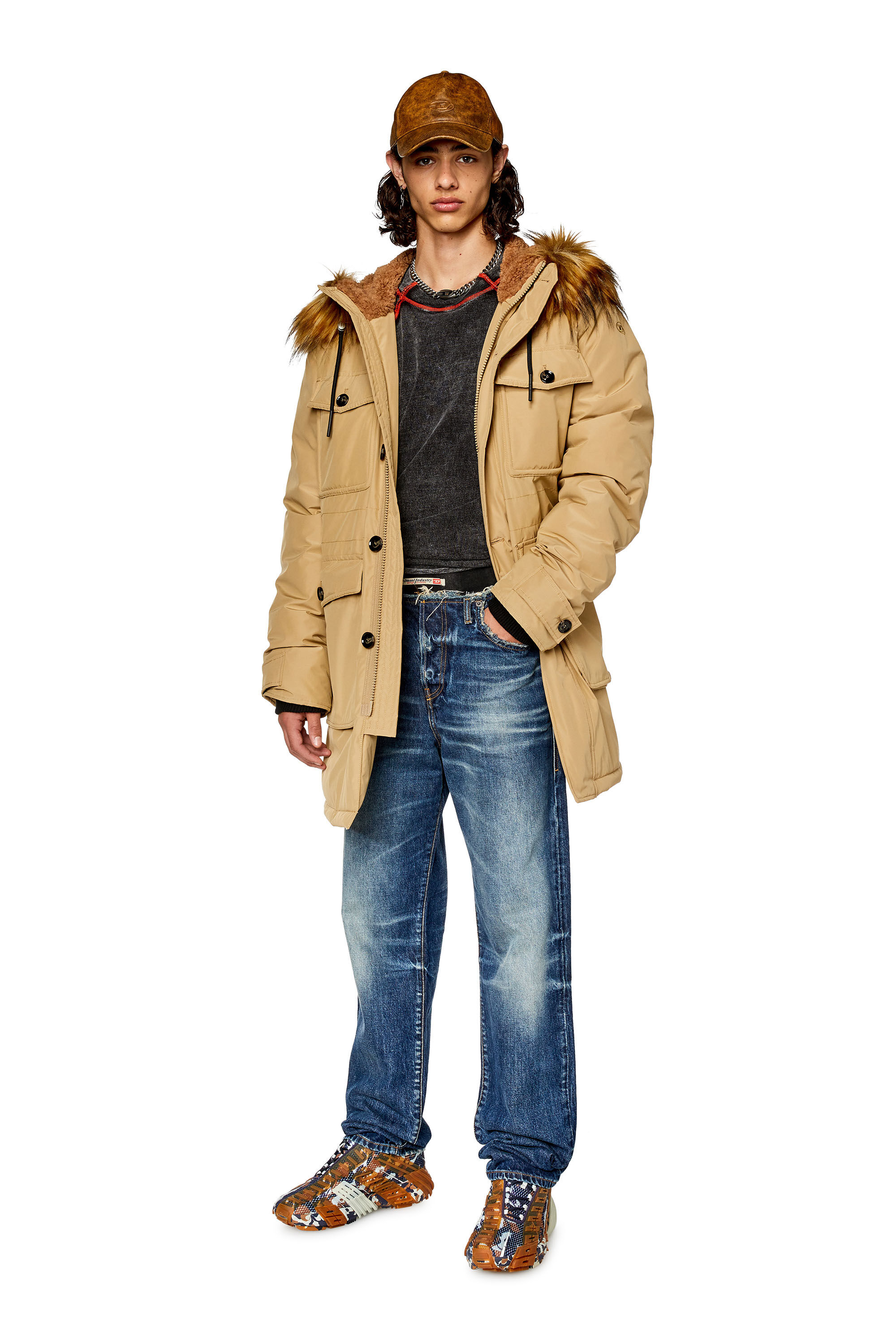 Diesel - W-JORGY, Male's Padded parka with fluffy trim at hood in Light Brown - 1