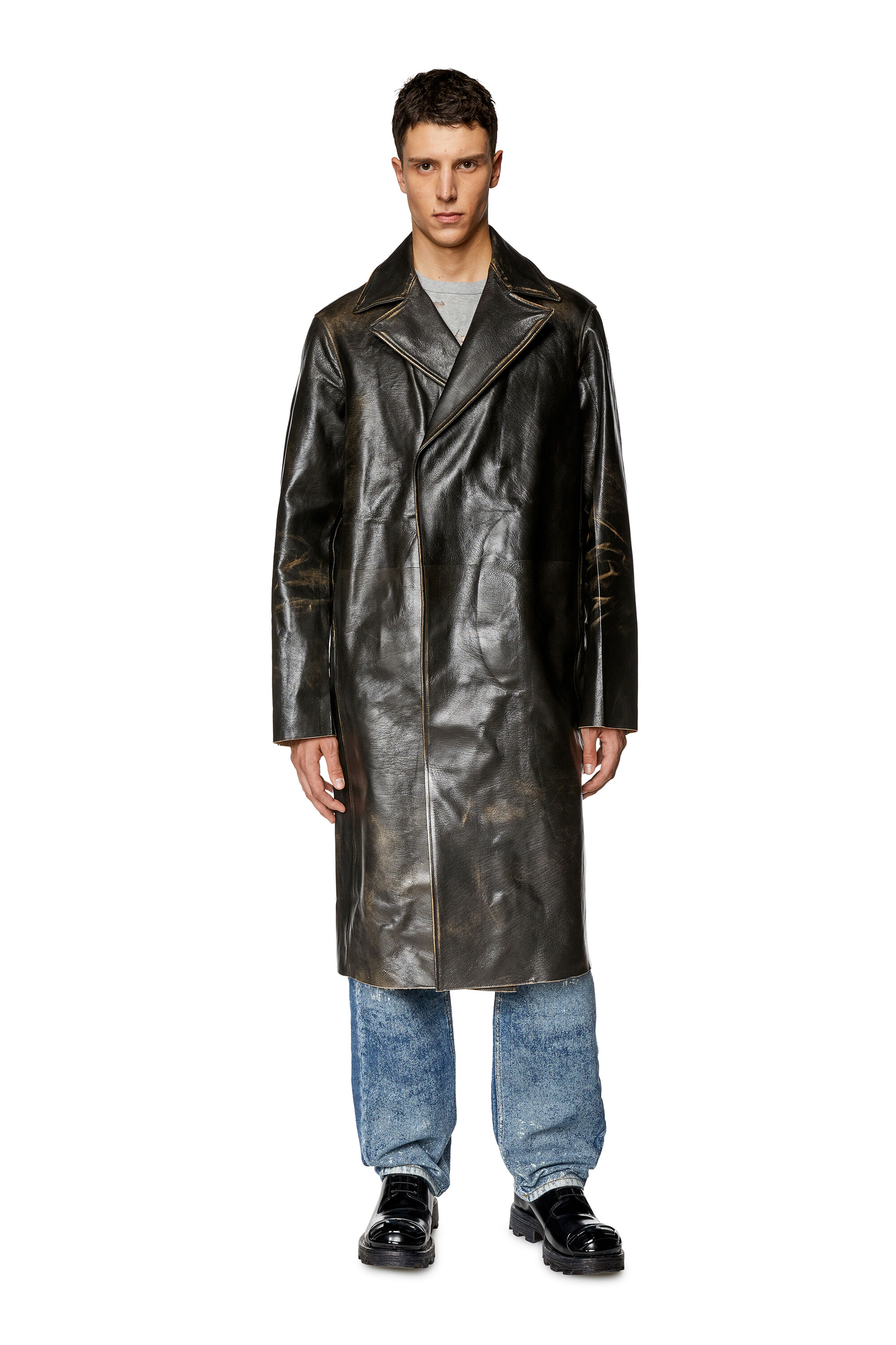 Diesel - L-KAUFFMAN, Male's Distressed leather trench coat in Brown - 1