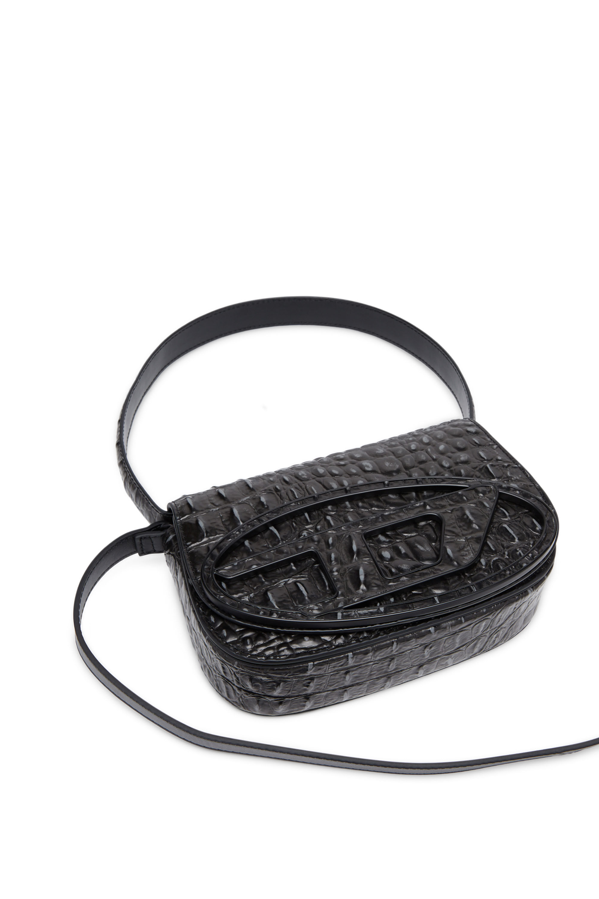 Women s 1DR Iconic shoulder bag in croc print leather Black Diesel