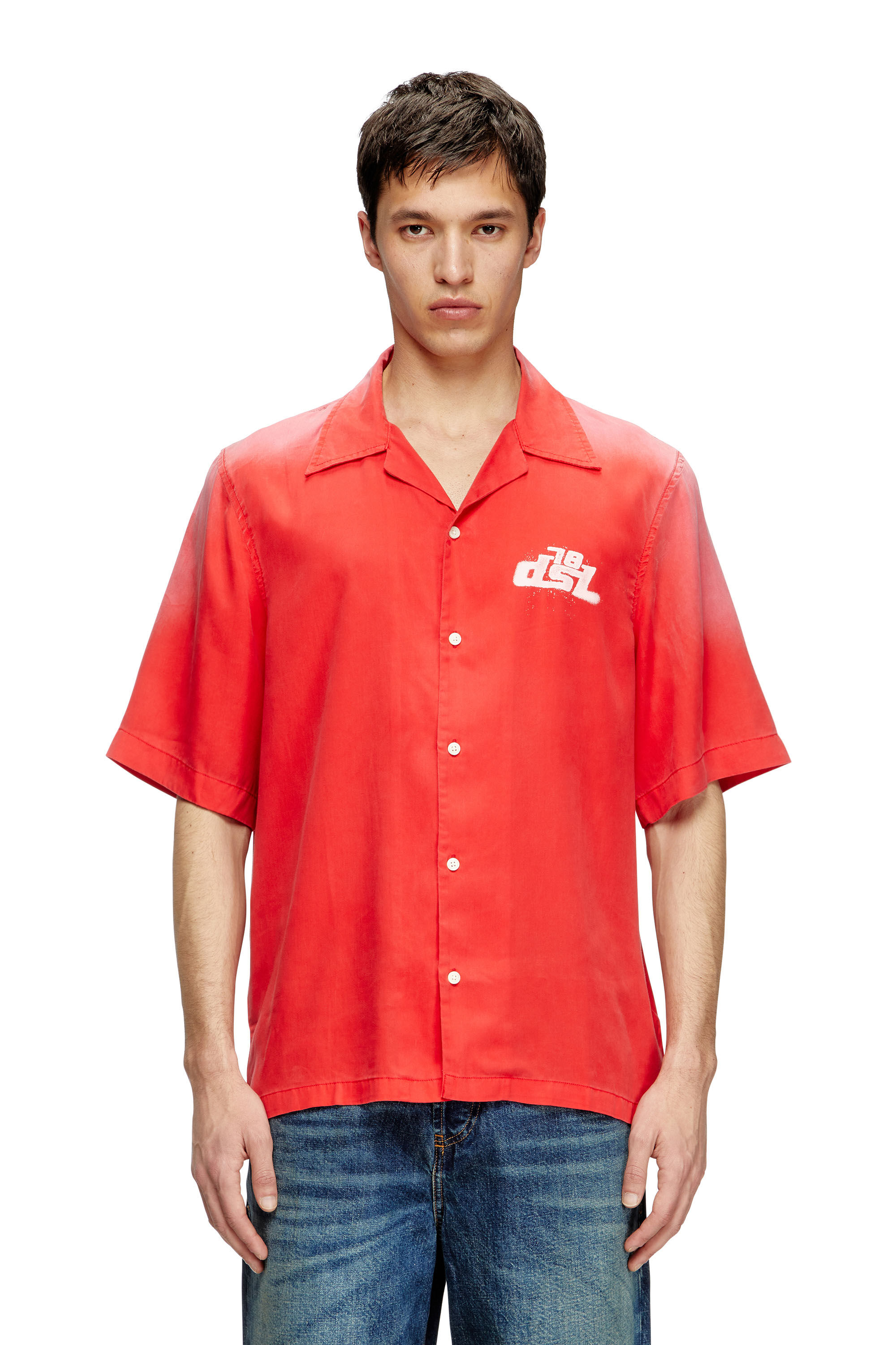 Diesel - S-ELLY, Chemise bowling délavée avec imprimés à logo Homme in Rouge - 3