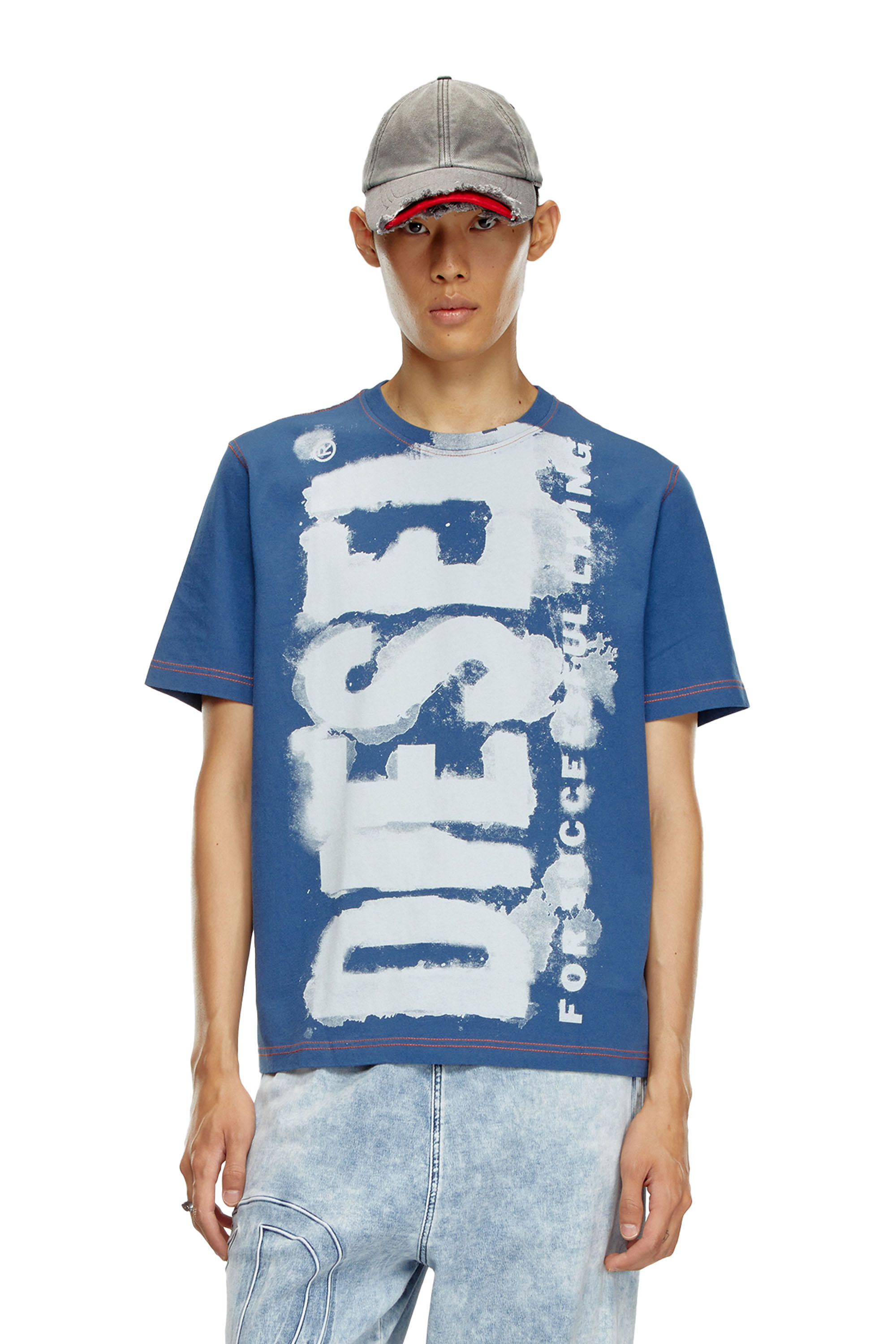 Diesel - T-ADJUST-Q4, Male's T-shirt with splotched logo in Azure - 3