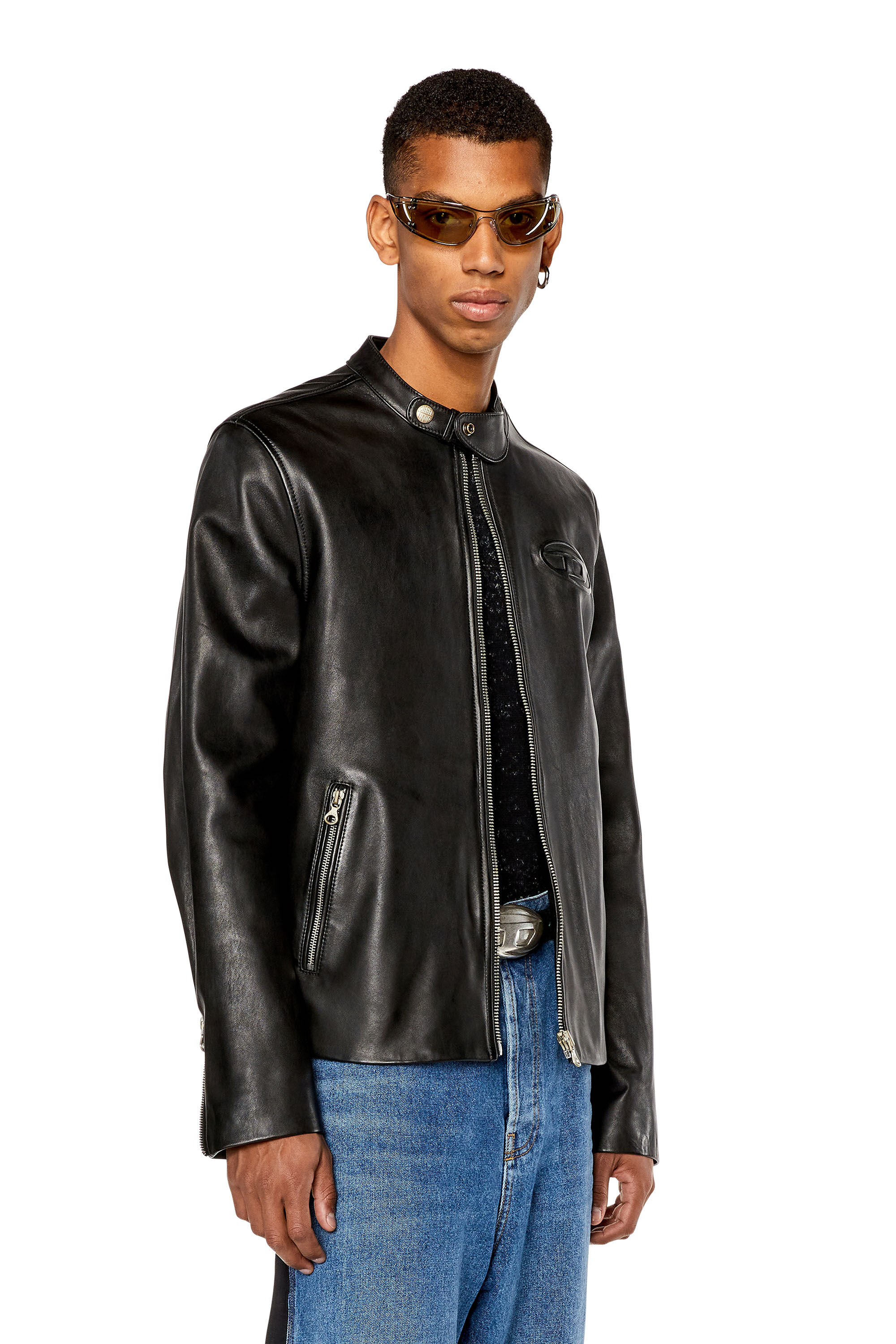 Men s Leather biker jacket with distressed logo L METALO Diesel