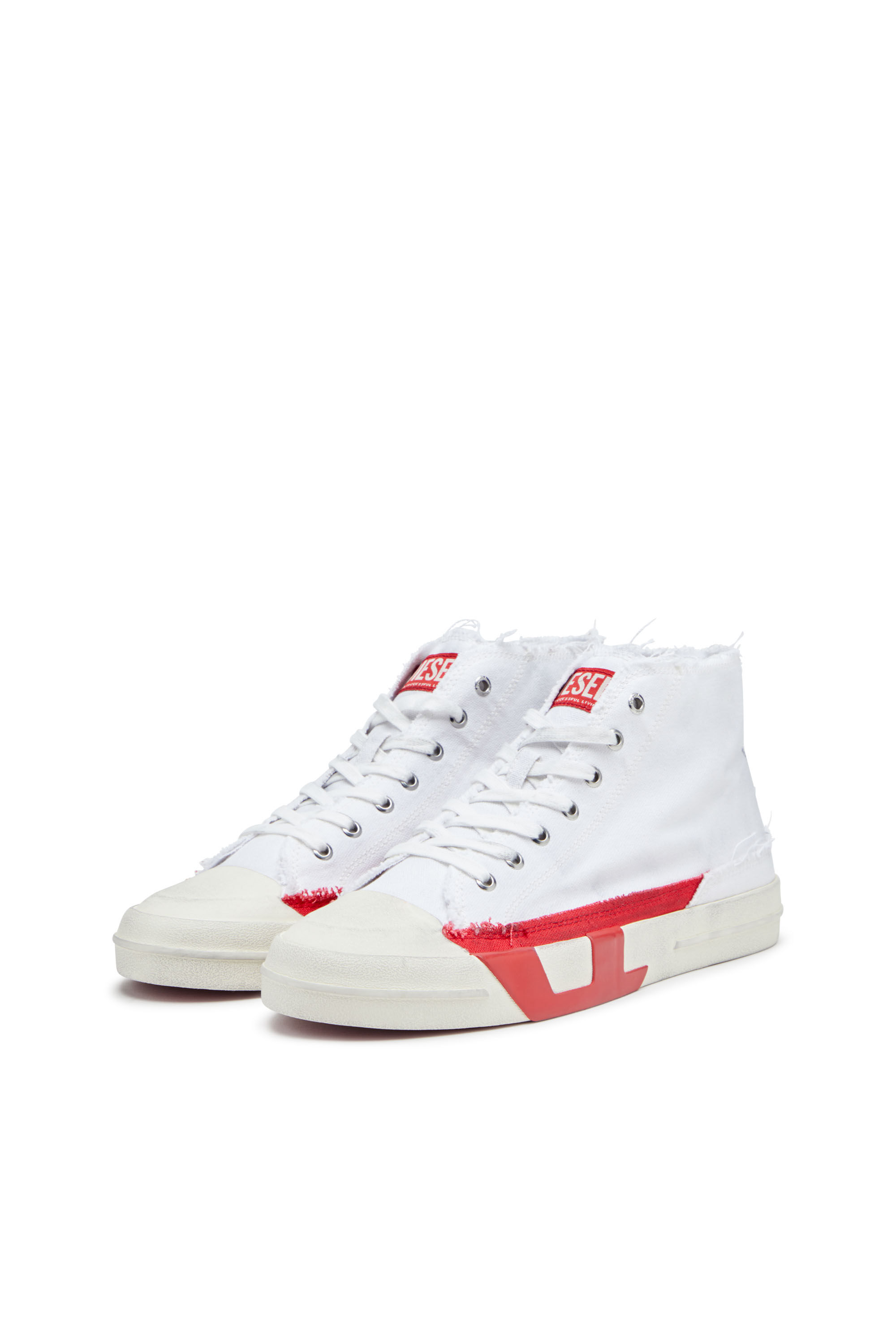 Diesel - S-D-VERSE MID, Male's S-D-Verse-Dirty-effect high-top canvas sneakers in White/Red - 8