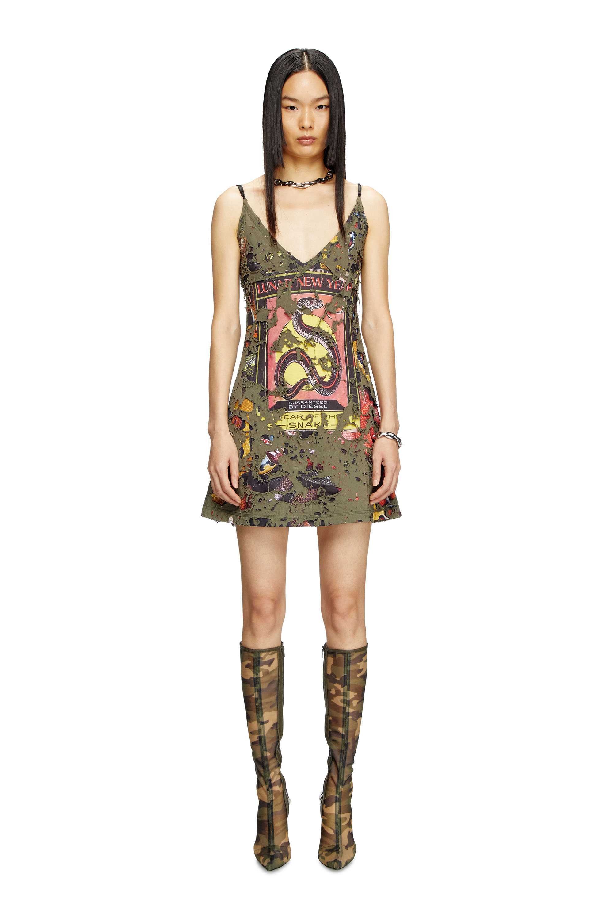 Diesel - CL-D-JENA-DEV-SNAKE, Female's Destroyed snake-print slip dress in Olive Green - 2