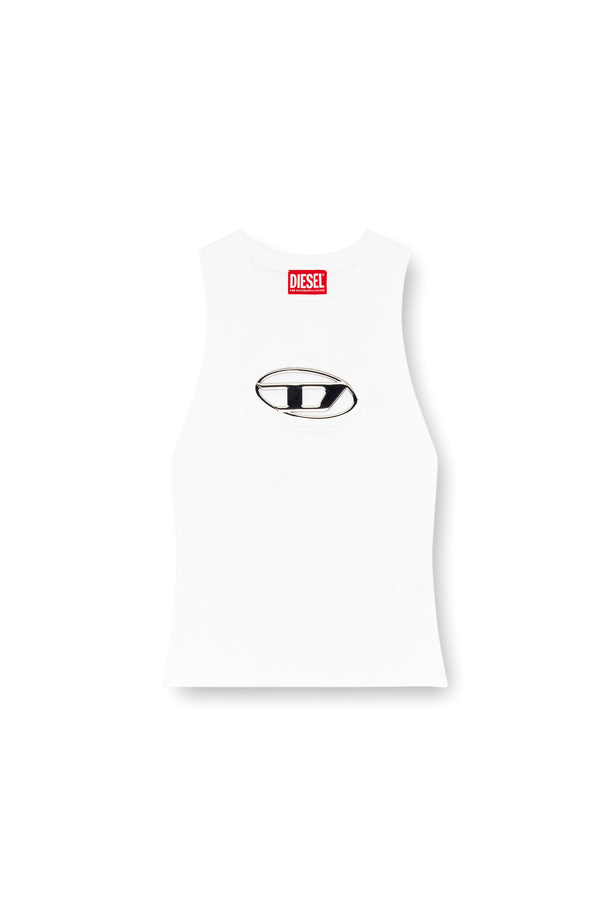 Diesel - M-ONERVA-TOP, Femme Top en maille cut-out avec plaque à logo in Blanc - Image 5