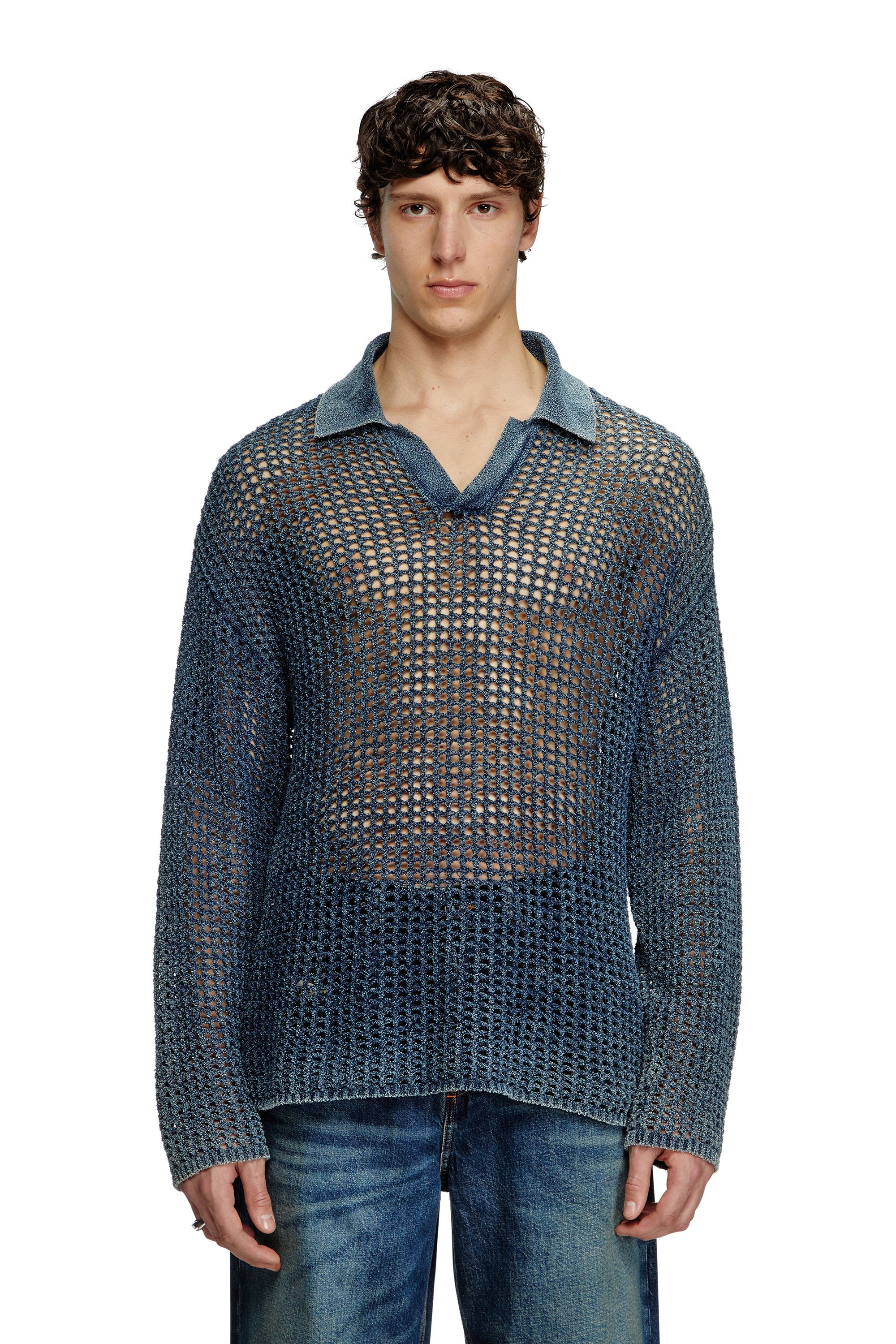 Diesel - K-SQUARED, Male's Open-knit polo jumper in denim yarn in Blue - 1