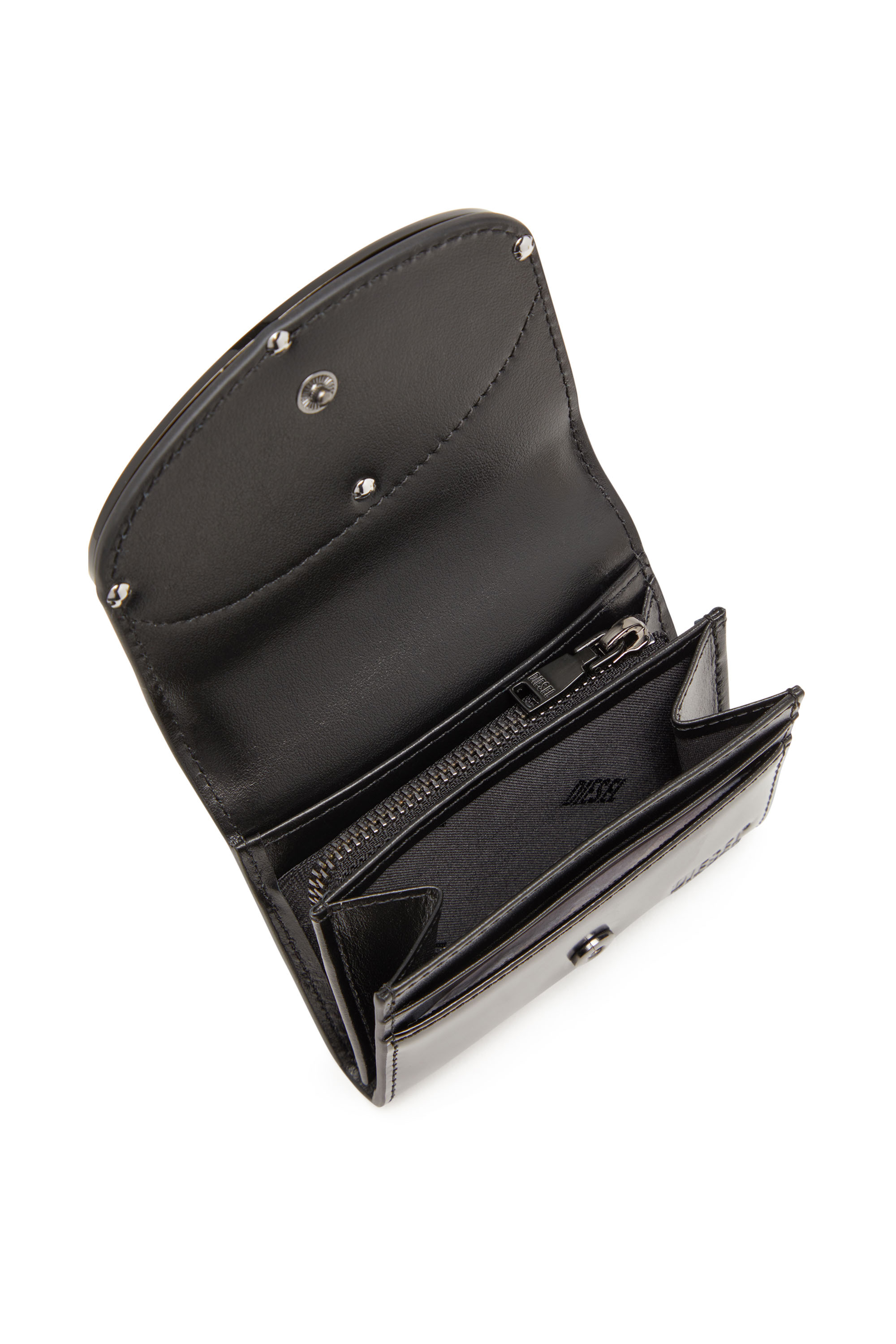 Diesel - 1DR CARD HOLDER BI-FOLD ZIP III, Porte-cartes à deux volets en cuir effet miroir Femme in Noir - 3