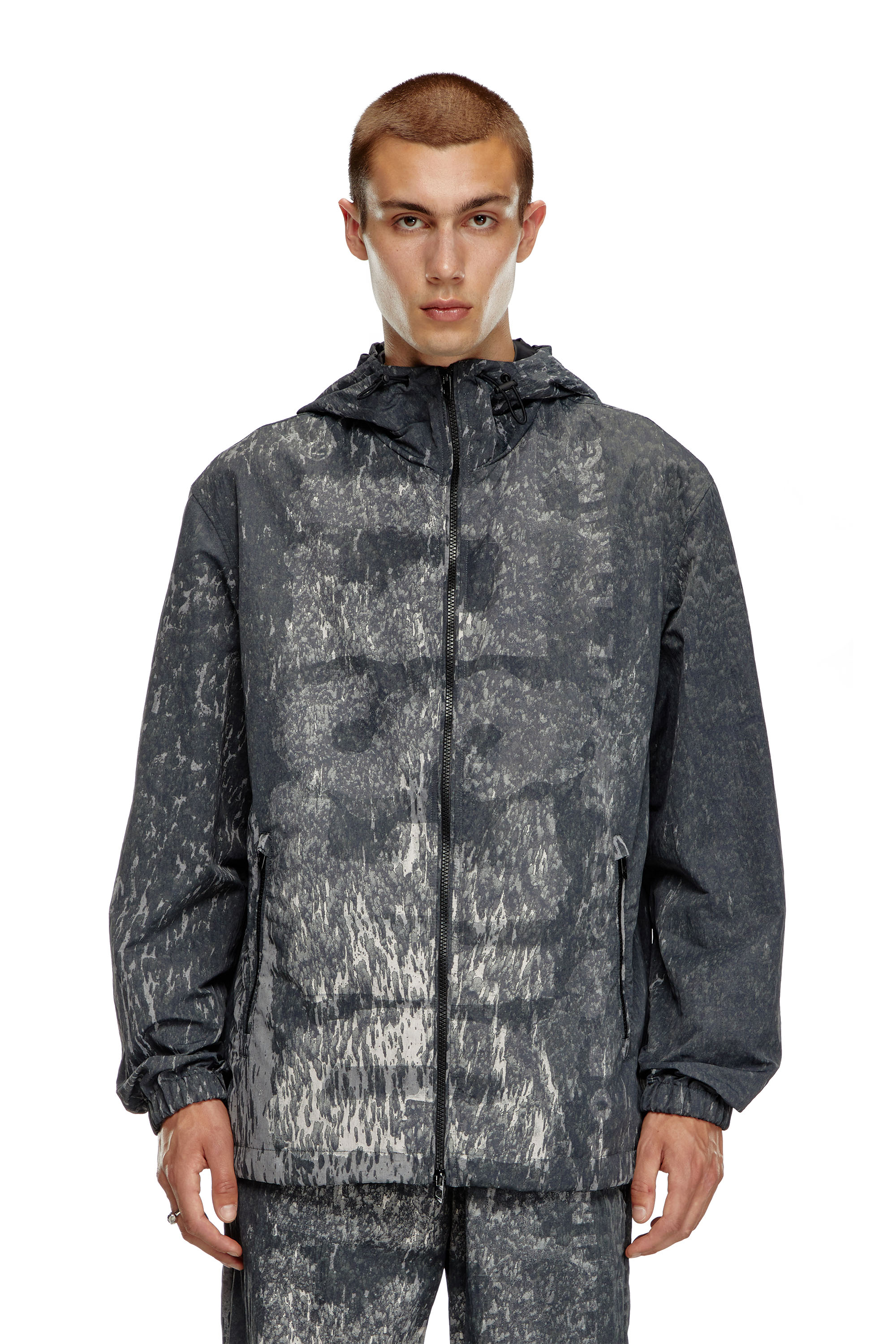 Diesel - J-BRICK, Male's Hooded windbreaker with Rain Camo print in Black - 5