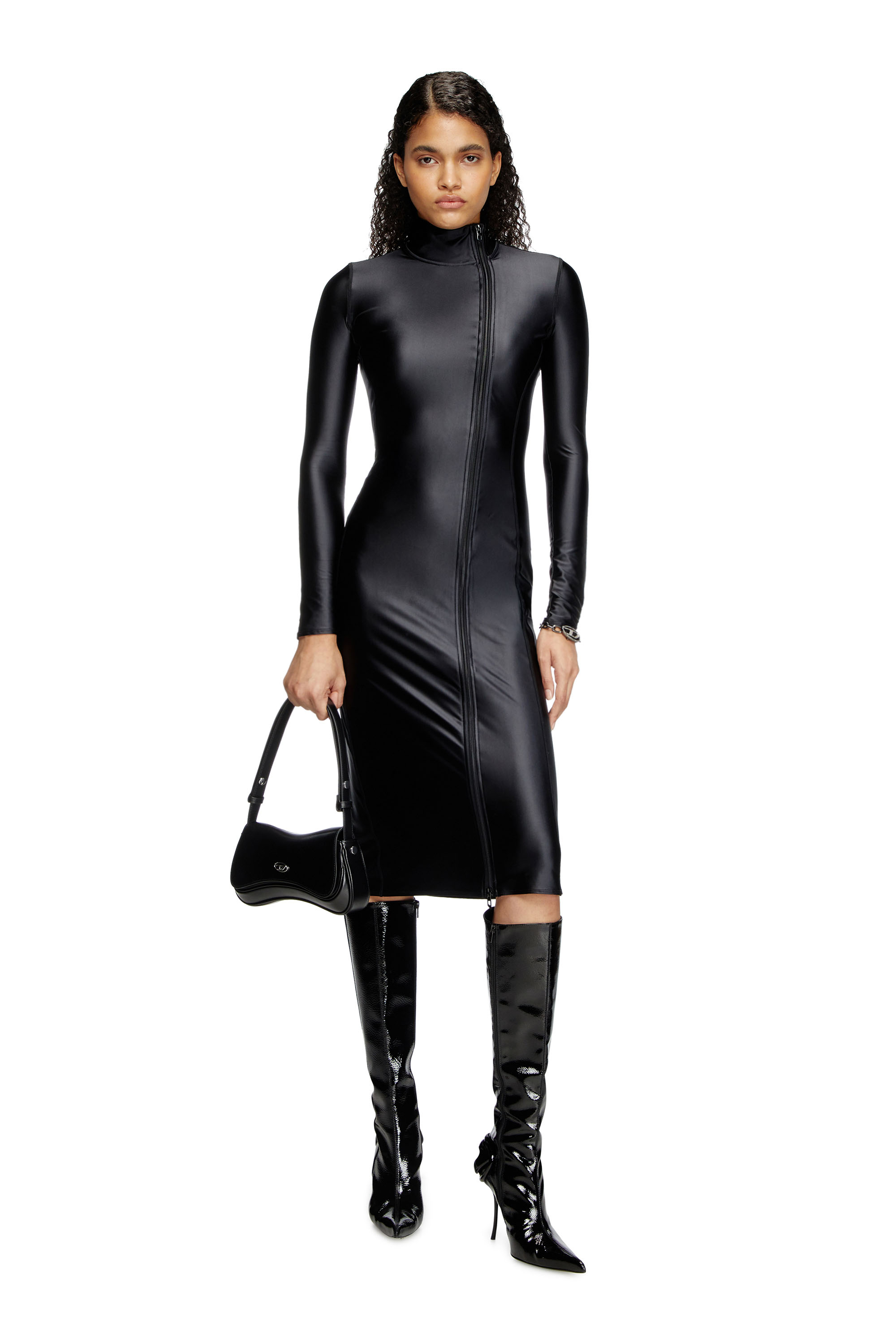 Diesel - D-SILVER, Female's Mock collar long-sleeve midi dress with chintz finish in Black - 2