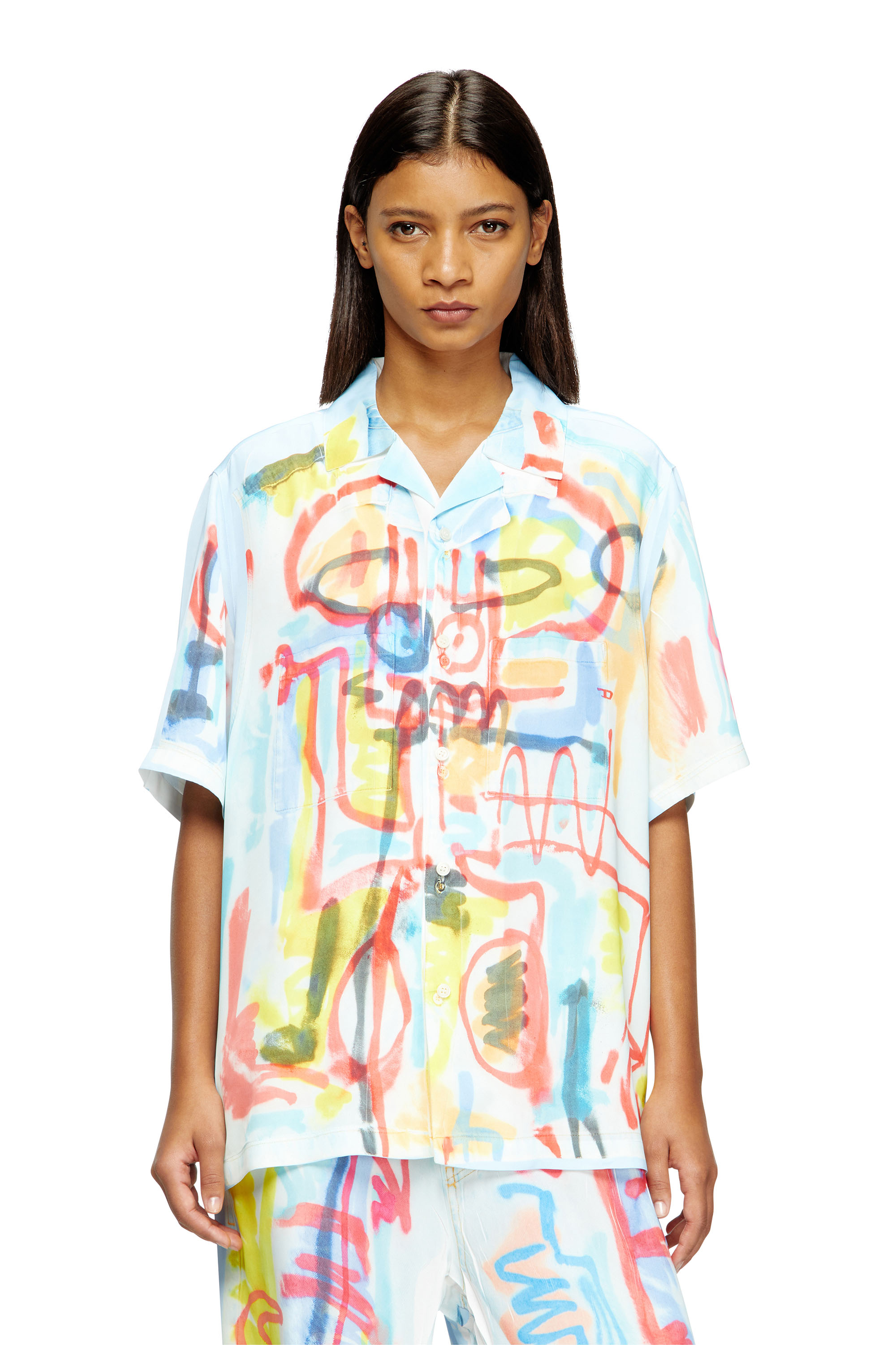 Diesel - C-PAROSHORT-GRAFFITI-AFR, Chemise bowling en satin avec imprimé graffiti Mixte in Bleu - 4