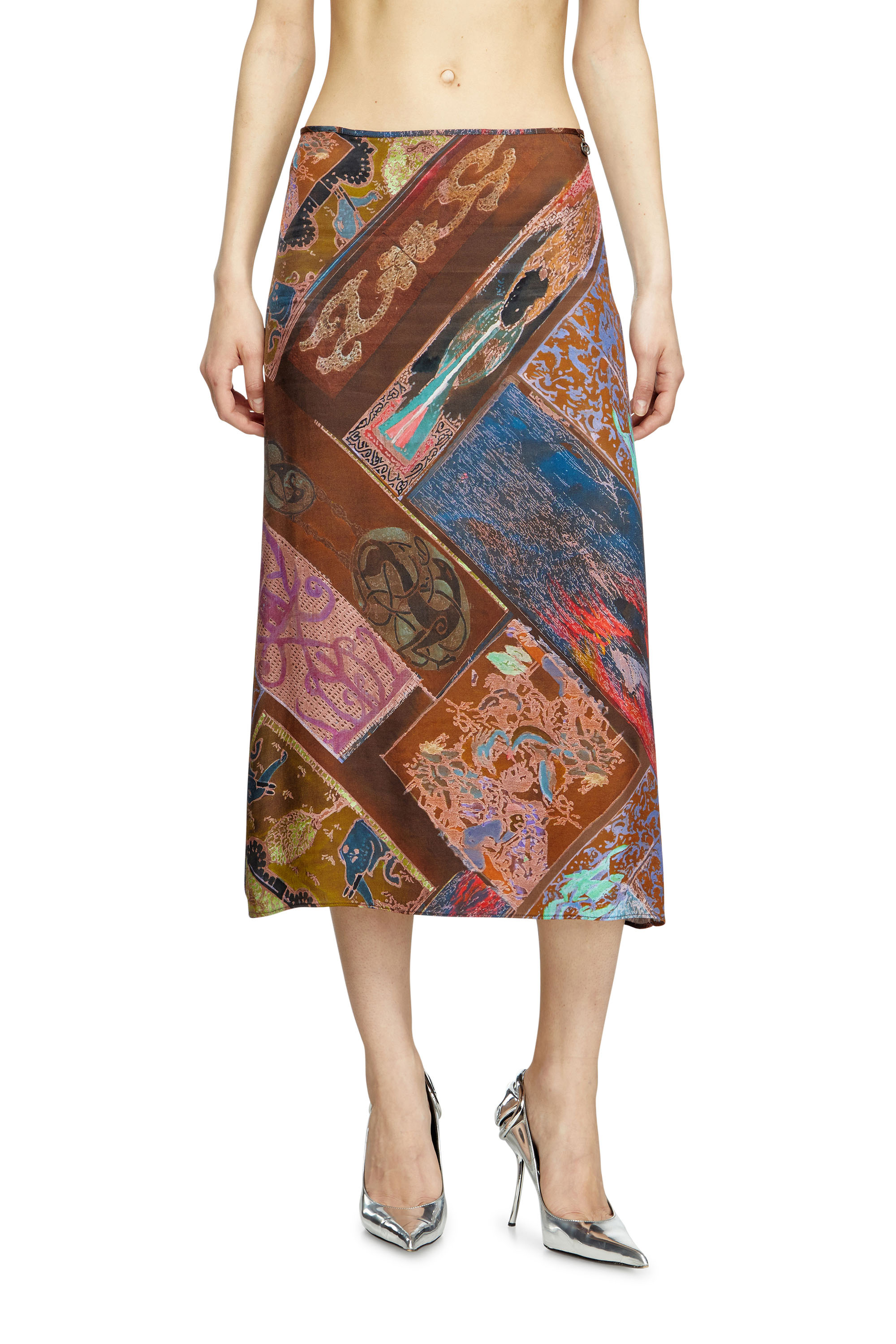 Diesel - O-RCHID, Female's Viscose midi skirt with Heraldic print in Brown - 1