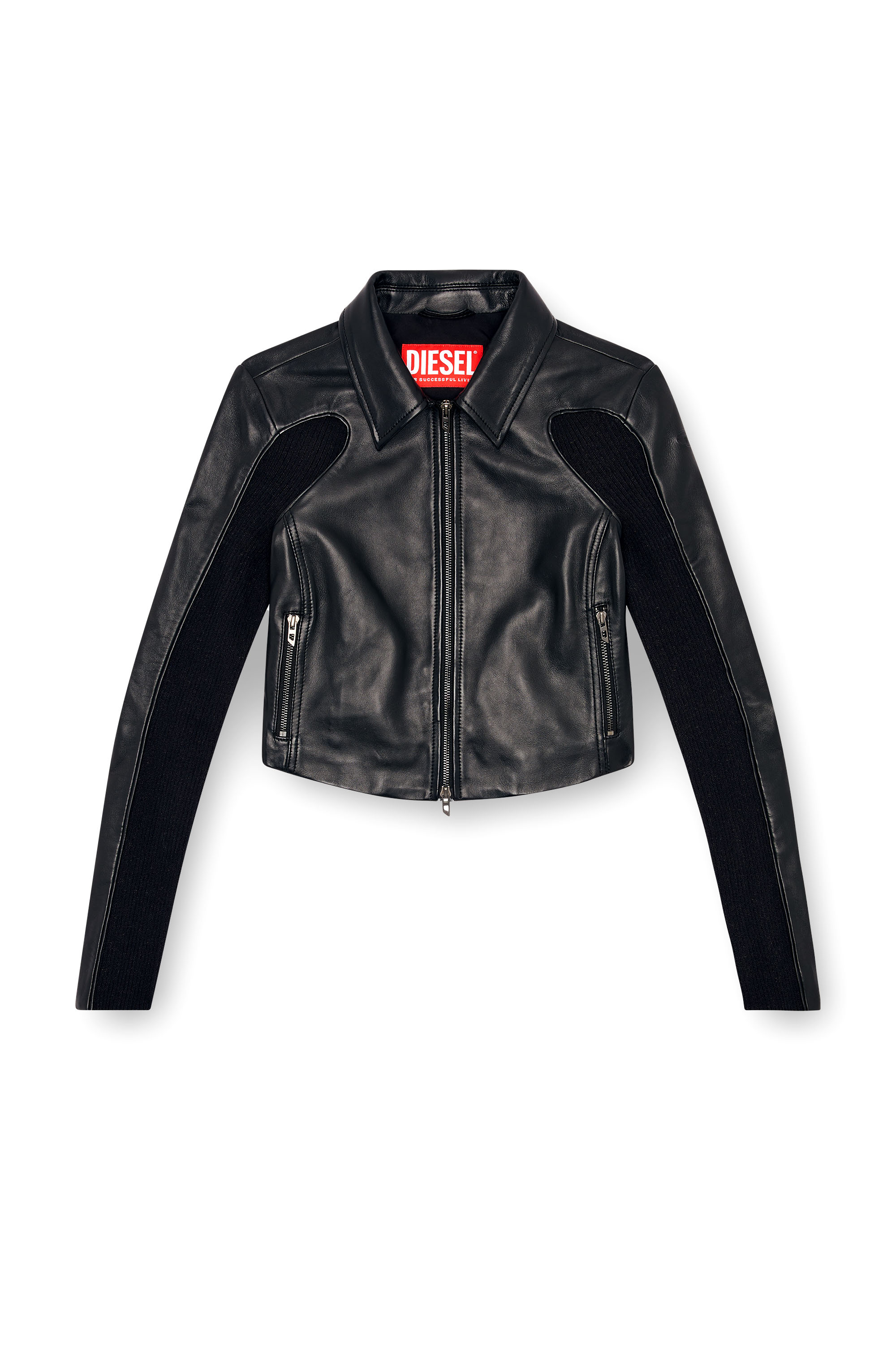 Diesel - L-TOTEM-P1, Veste crop en cuir avec empiècements en maille Femme in Noir - 5