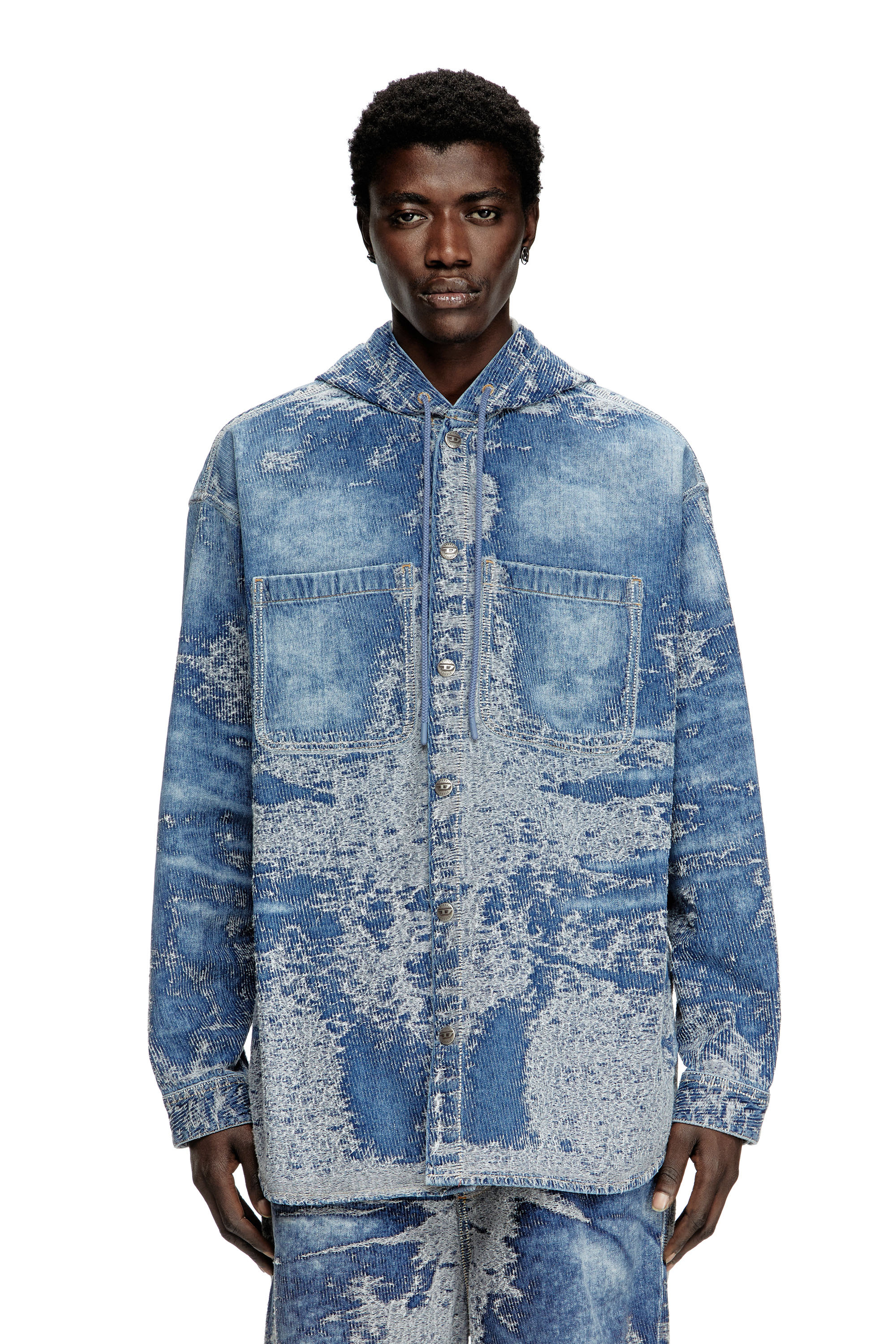 Diesel - D-DEWNYS-HOOD-S, Surchemise en denim jacquard effet vieilli Homme in Bleu - 5