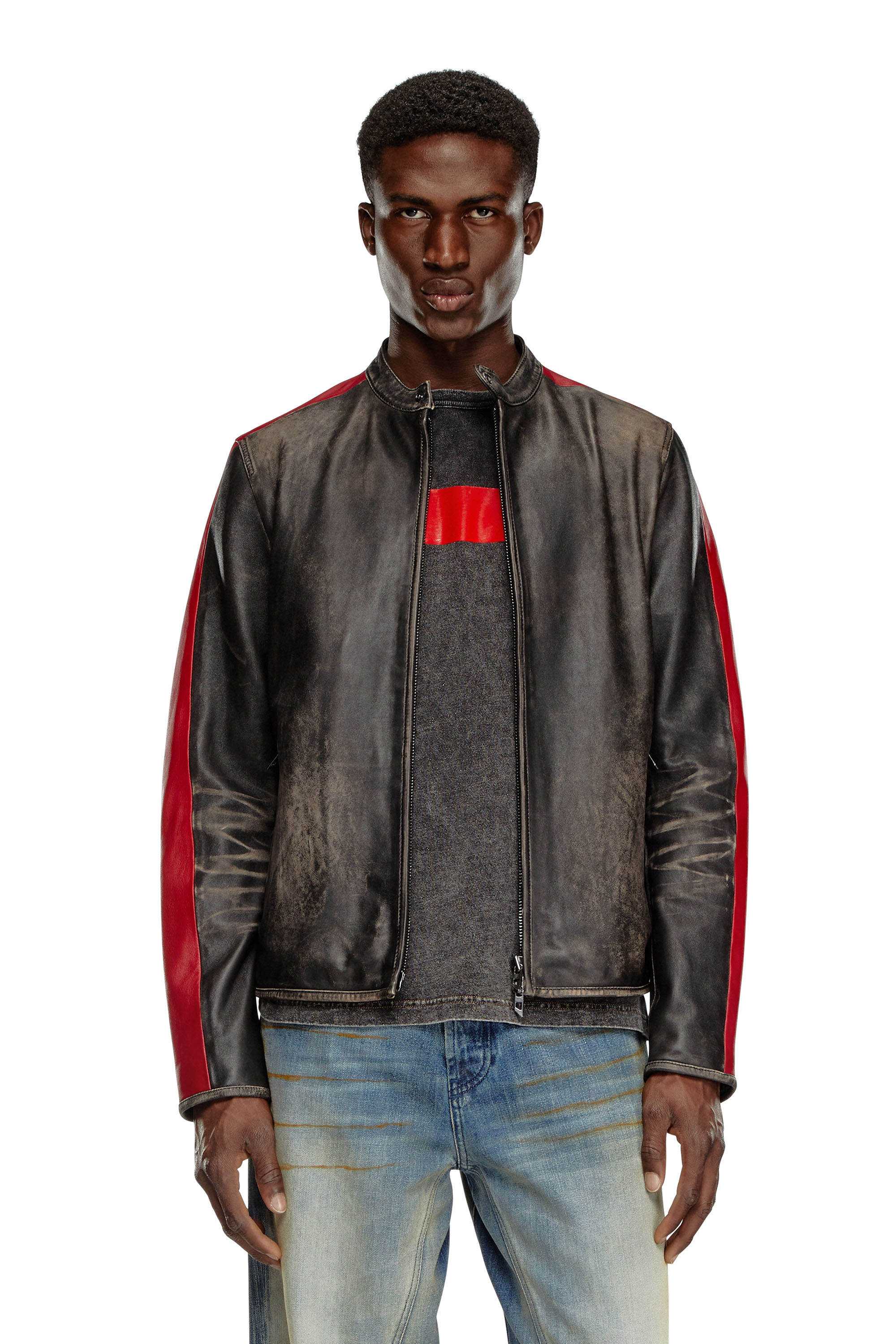 Diesel - L-RENN, Male Leather jacket with contrasting stripes in Multicolor - Image 1