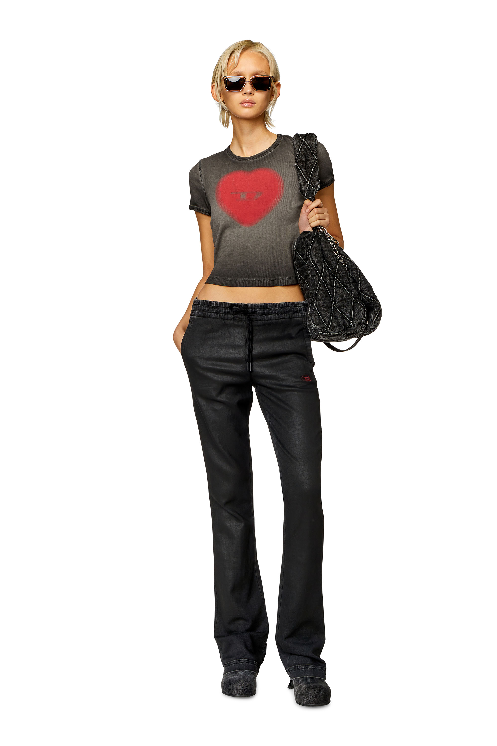 Diesel - T-ELE, Female's Ribbed T-shirt with watercolour heart D in Black - 2