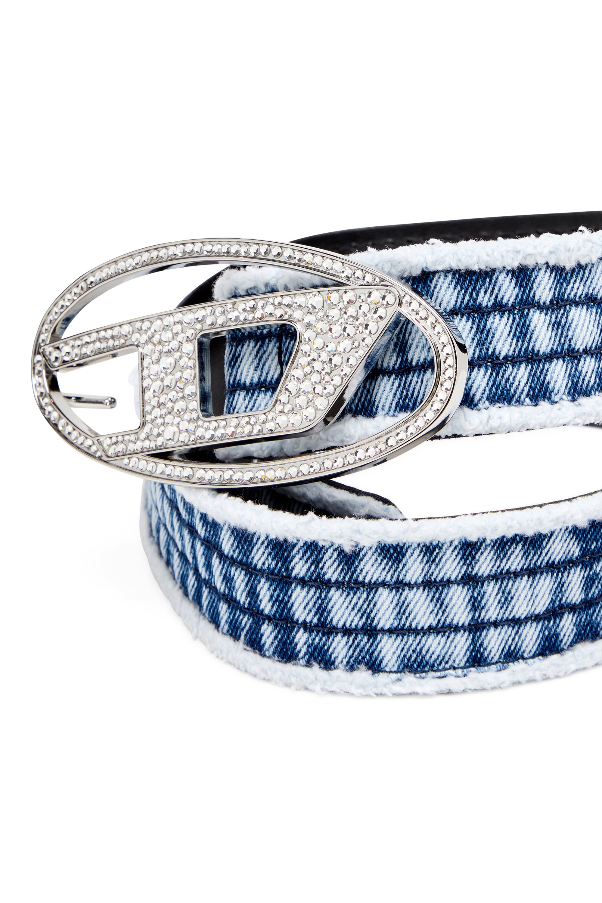 Diesel - B-1DR STRASS, Female's Denim and leather belt with crystal buckle in Blue - 3