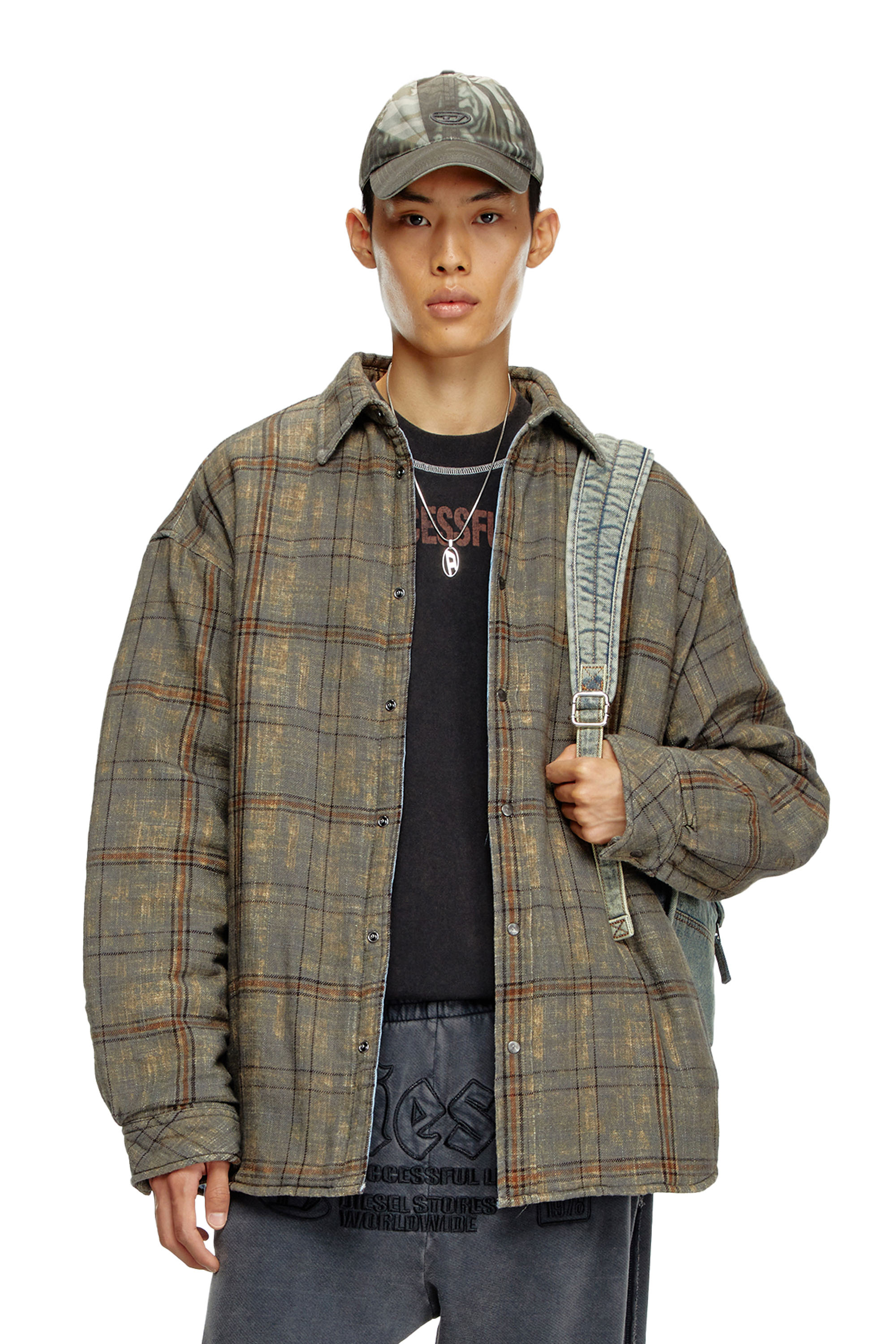 Diesel - S-HAMME, Male's Padded jacket in checked slub cotton in Green/Brown - 1