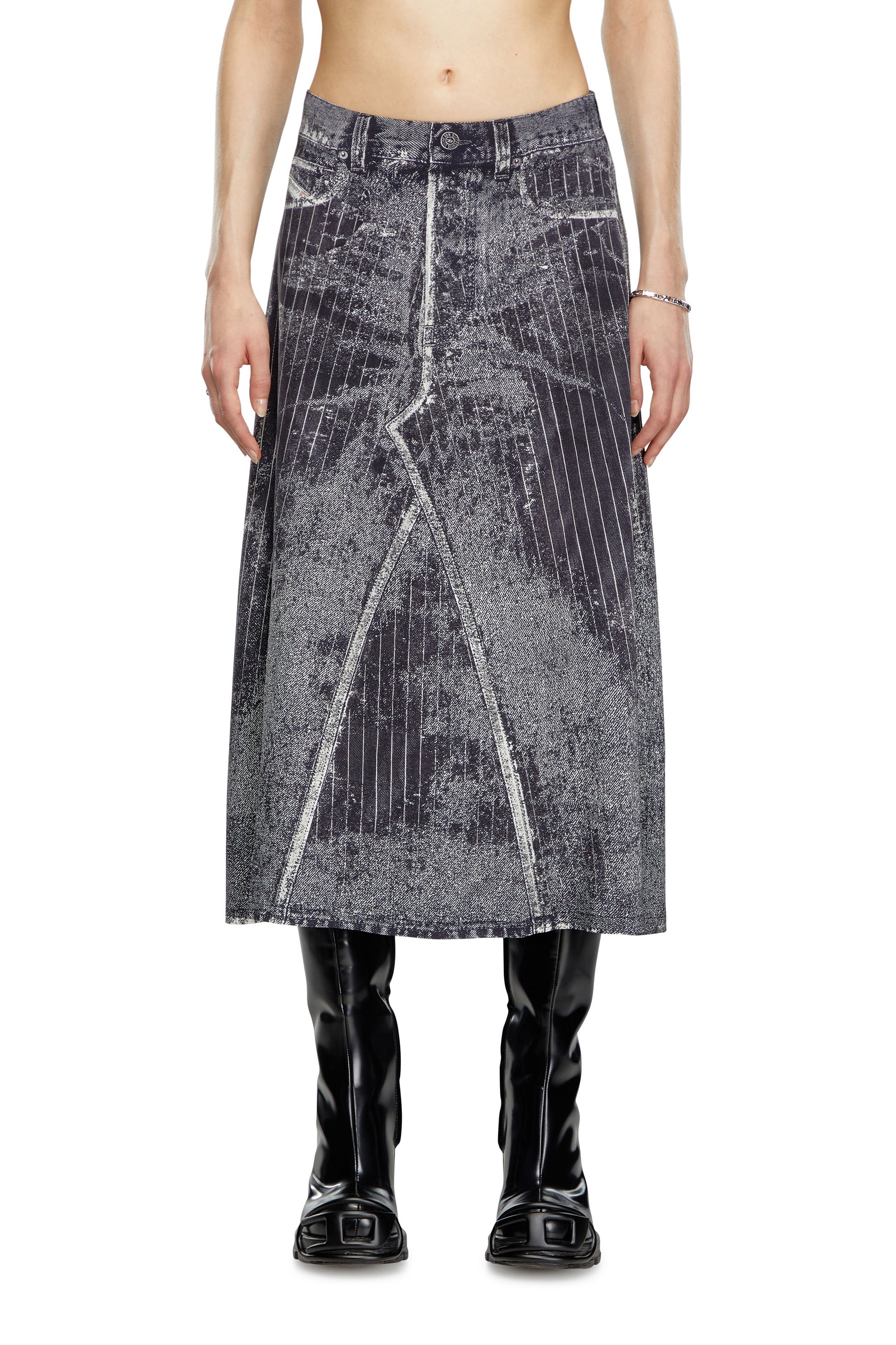 Diesel - O-HANNA, Female Satin skirt with print of pinstripe denim in Black - Image 1