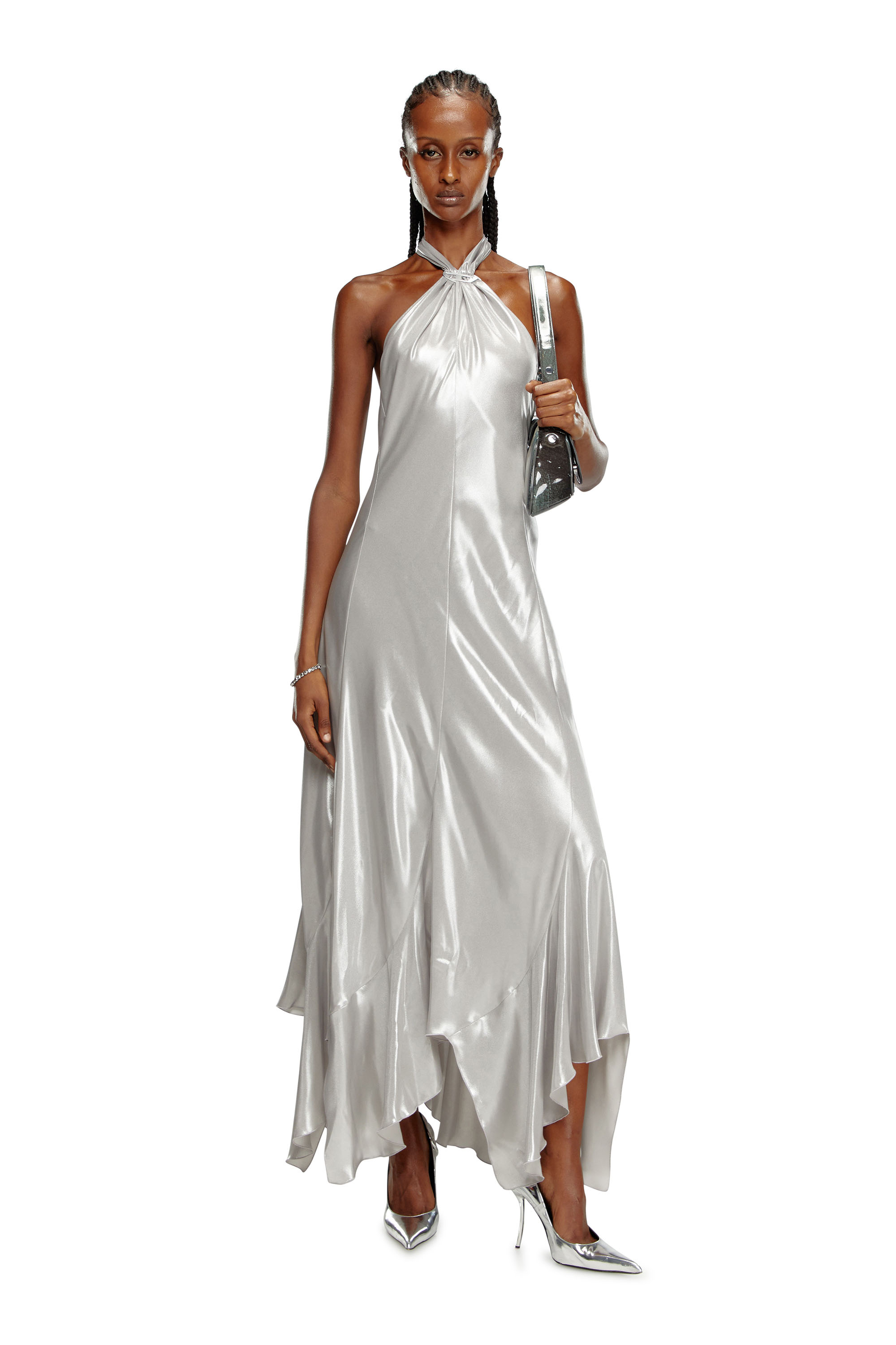 Diesel - D-YNAMITE, Female's Long metallic halterneck dress in Light Grey - 1