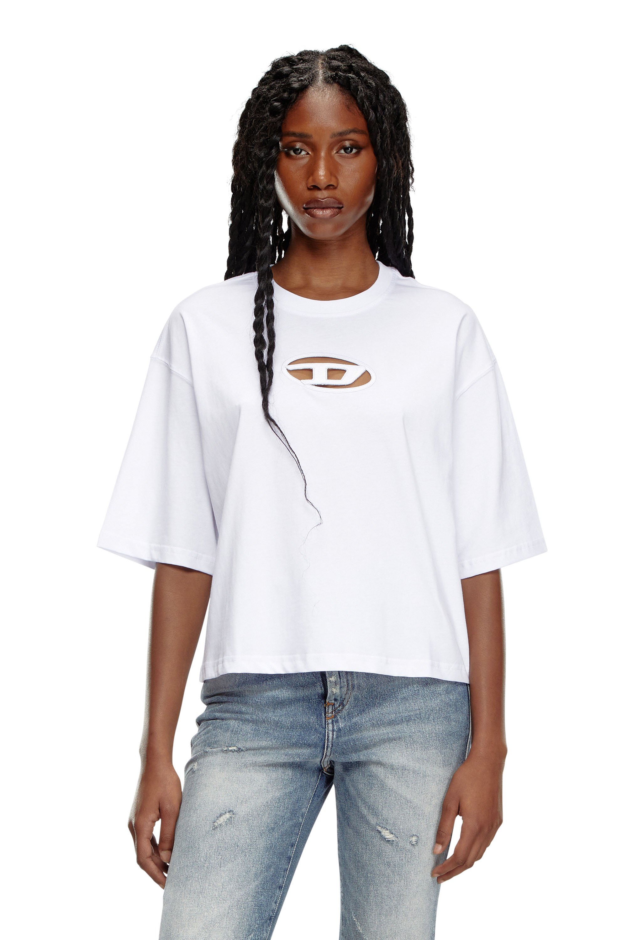 Diesel - T-BUXT-CROP-OD, T-shirt boxy avec cut-out Oval D Femme in Blanc - 1