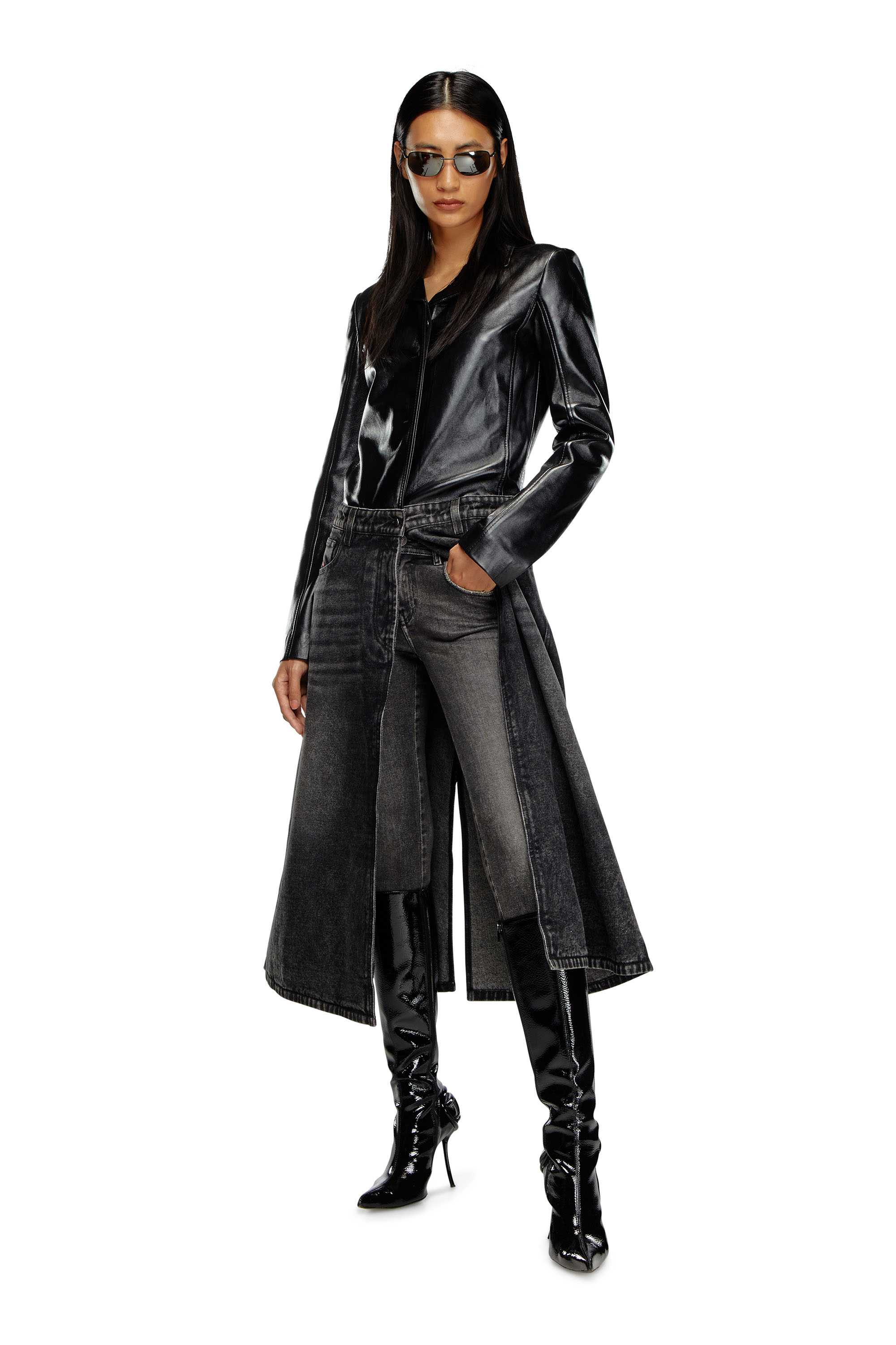 Diesel - L-ORY, Manteau hybride en denim et cuir Femme in Noir - 1