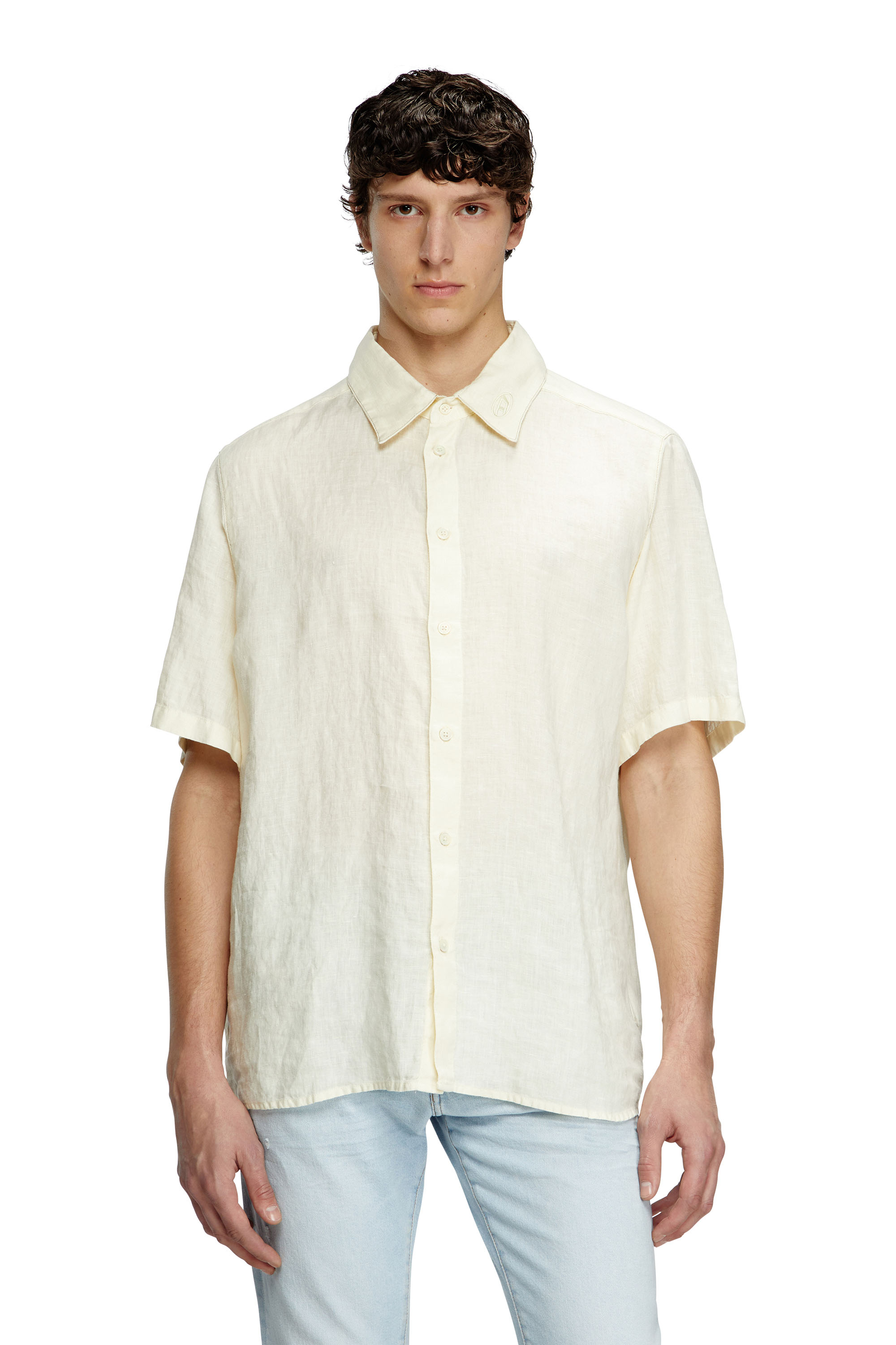 Diesel - S-UCCLE-A, Male's Short-sleeve linen shirt with logo collar in White - 1